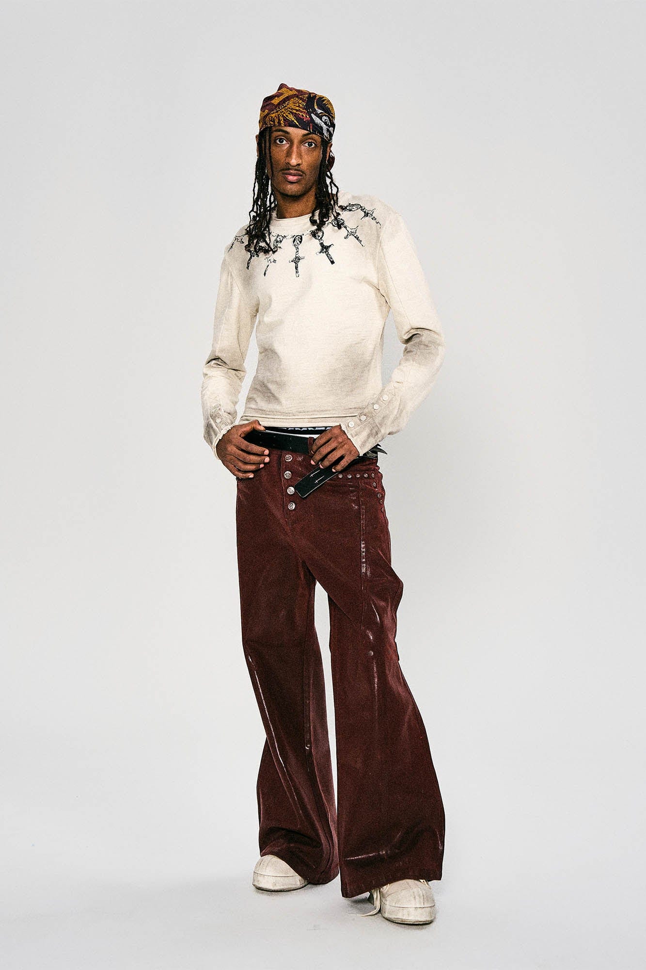 FLYERRER Waxed Spliced Studded Flared Pants, premium urban and streetwear designers apparel on PROJECTISR.com, FLYERRER