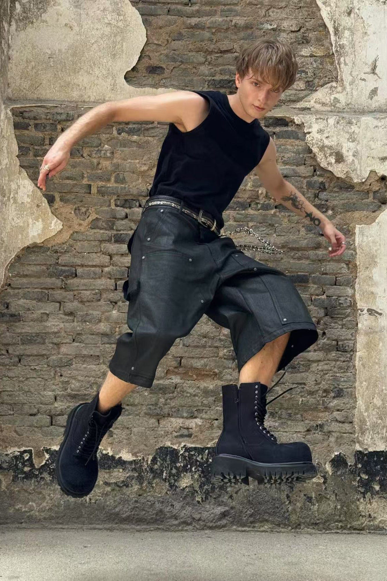 LUUUCAM Waxed Rivet Double-Knee Capri Shorts, premium urban and streetwear designers apparel on PROJECTISR.com, LUUUCAM