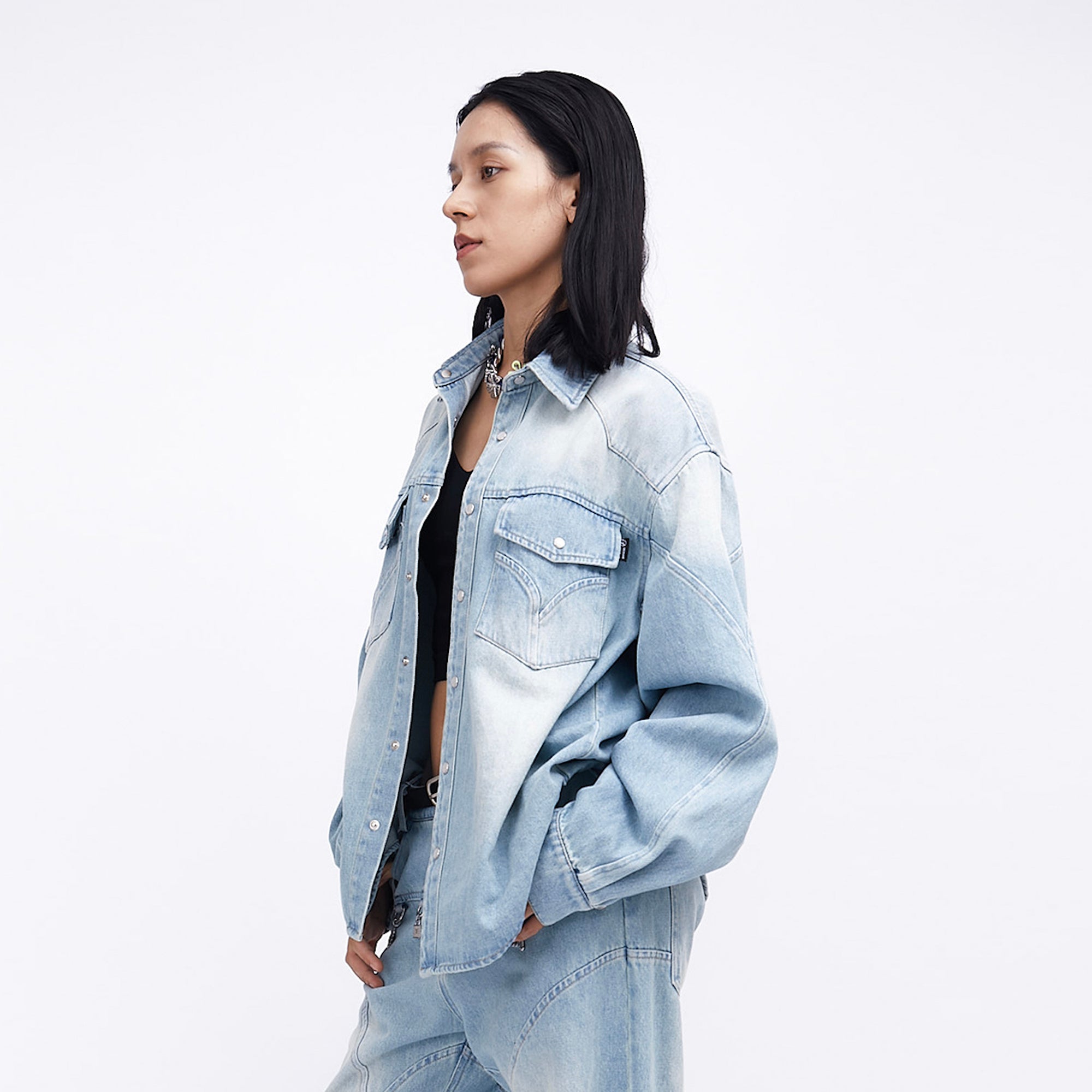 ASSEEN Paneled Washed Western Denim Shirt