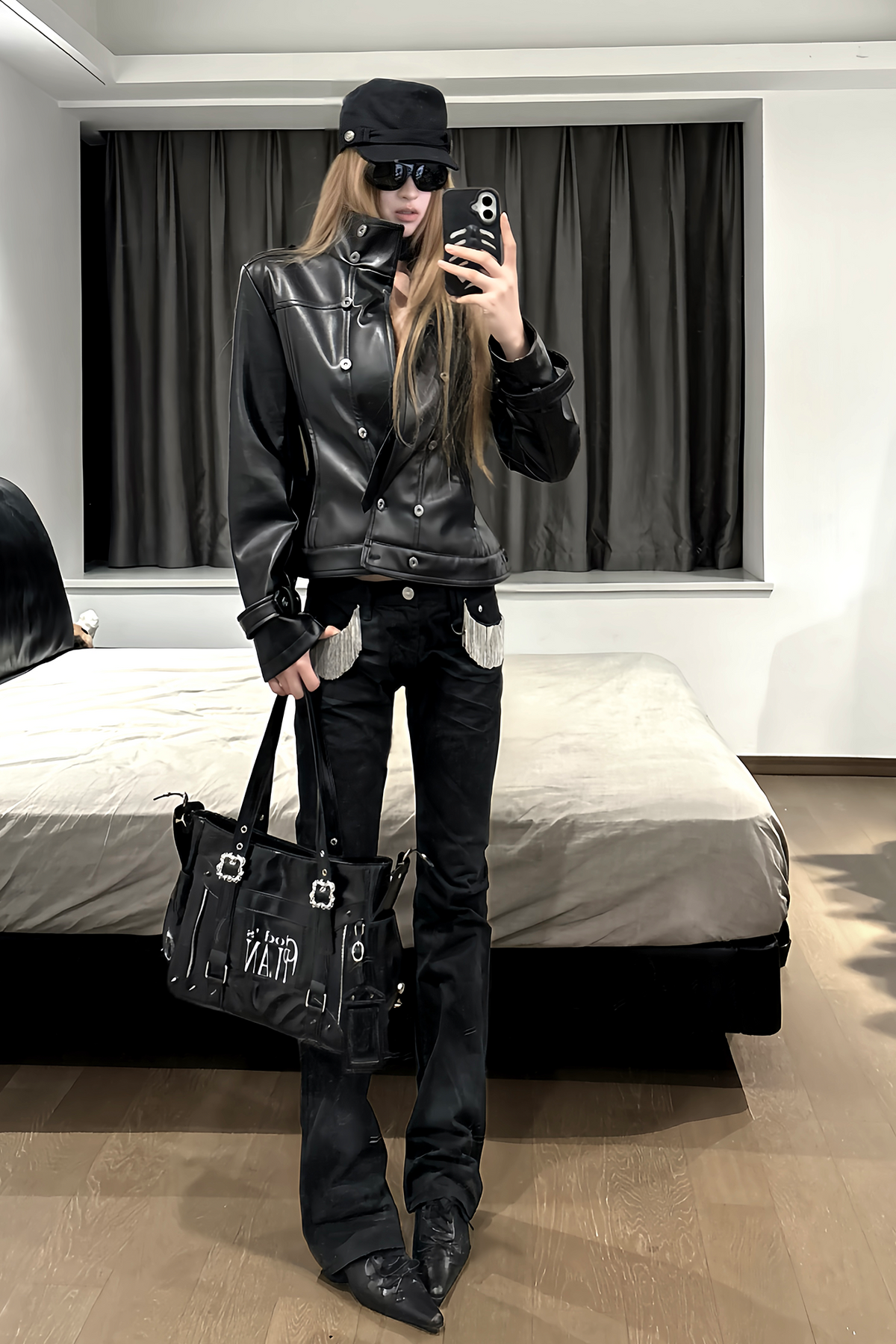 REMODUTION Double-Breasted Cinched Waist Faux Leather Jacket