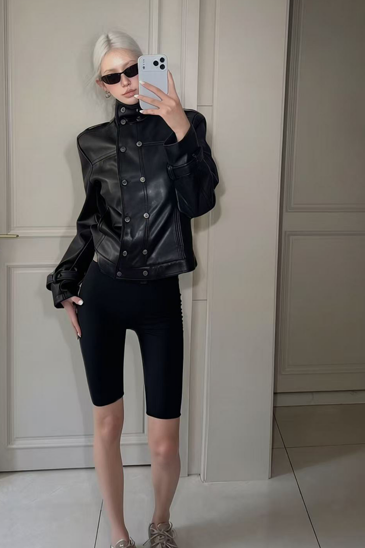 REMODUTION Double-Breasted Cinched Waist Faux Leather Jacket