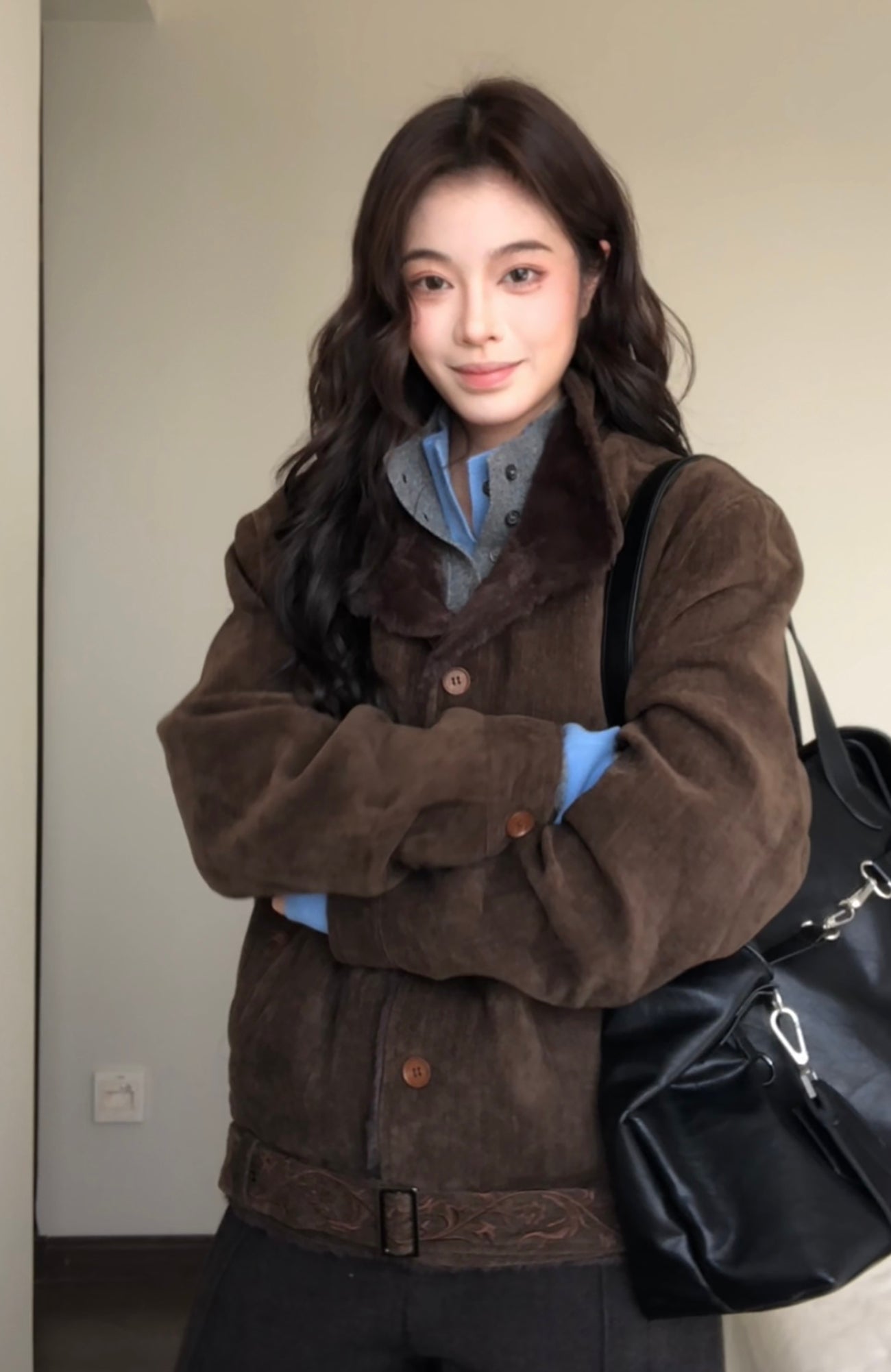 ELETEIZE Chenille Embroidered Faux Rabbit Fur Padded Jacket