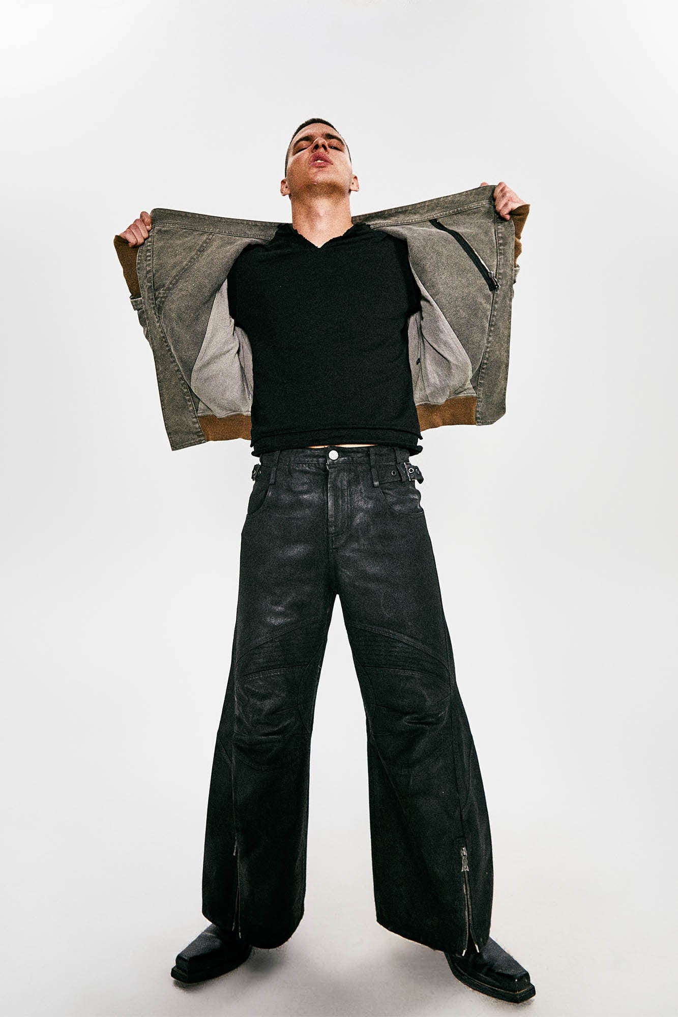 FLYERRER Waxed Deconstructed-Knee Zip-Hem Flared Pants, premium urban and streetwear designers apparel on PROJECTISR.com, FLYERRER