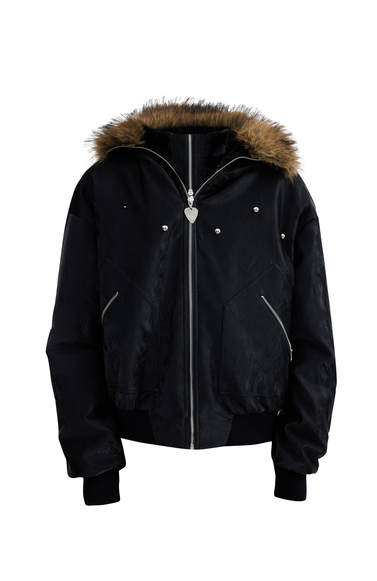 OIPWORD Studded Convertible Hood PU Puffer Jacket