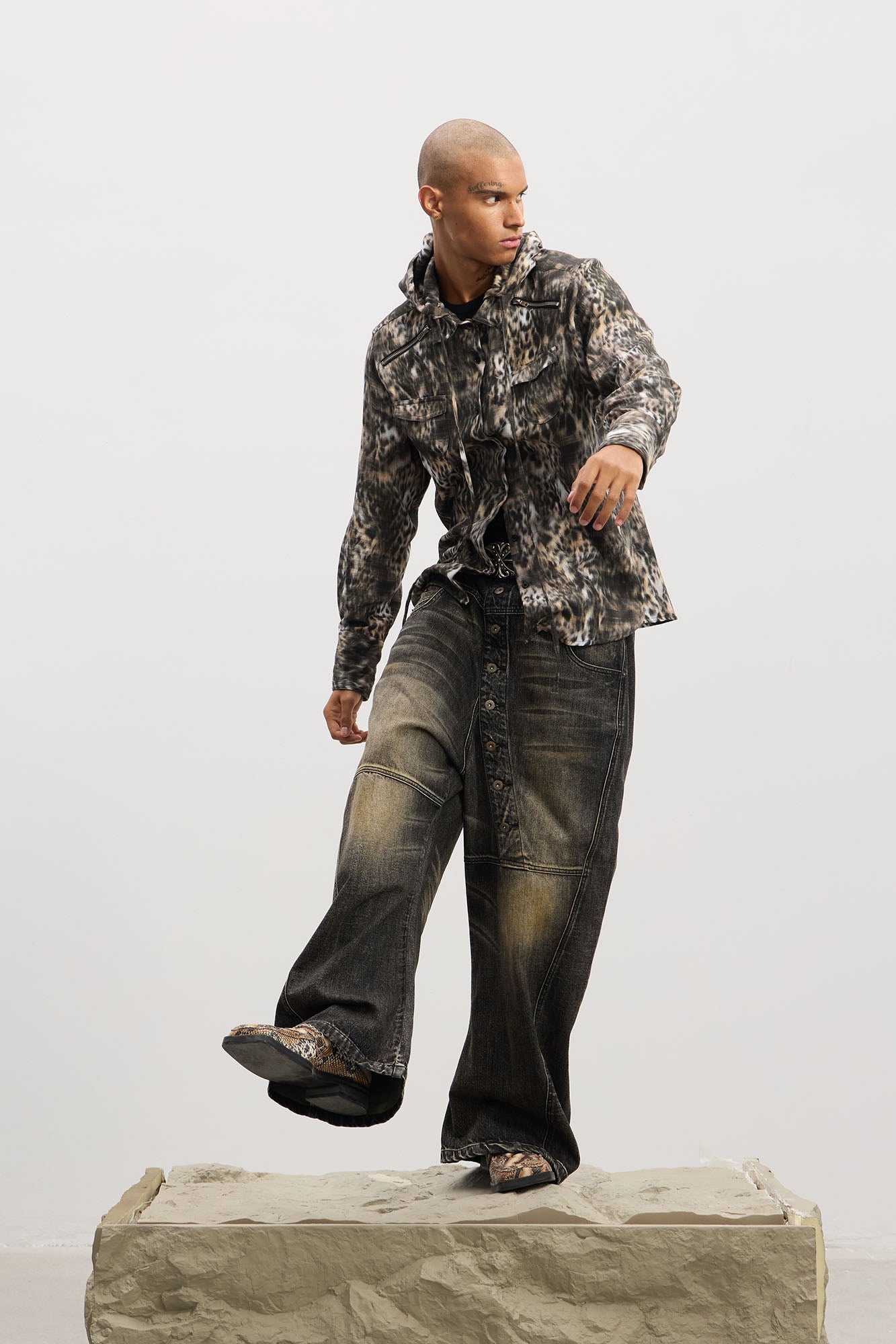 DND4DES Asymmetric Button-Fly Panel Washed Jeans, premium urban and streetwear designers apparel on PROJECTISR.com, DND4DES