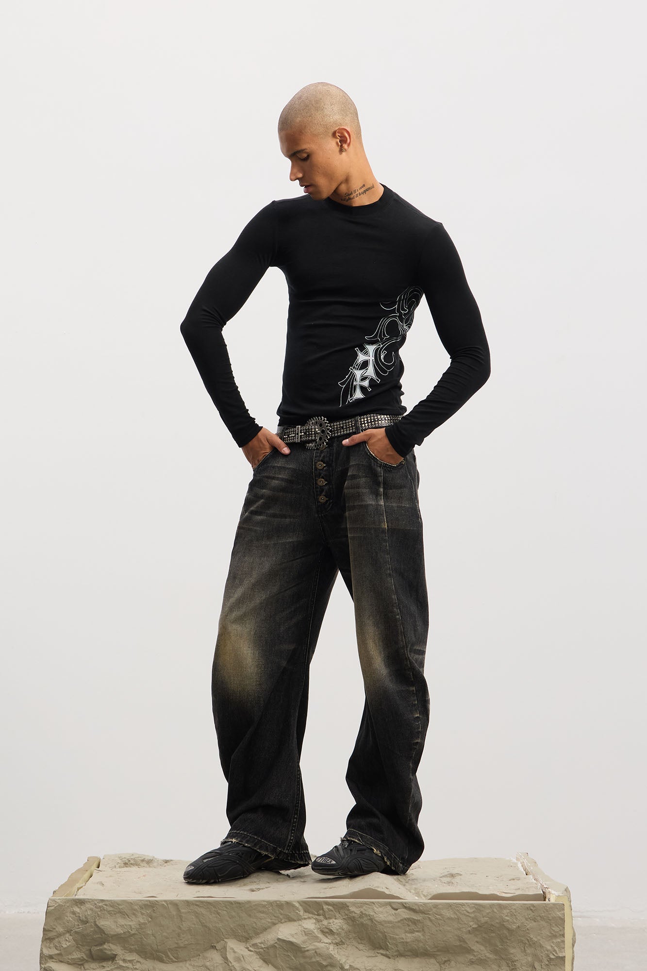 DND4DES Washed Button-Up Balloon-Leg Jeans, premium urban and streetwear designers apparel on PROJECTISR.com, DND4DES