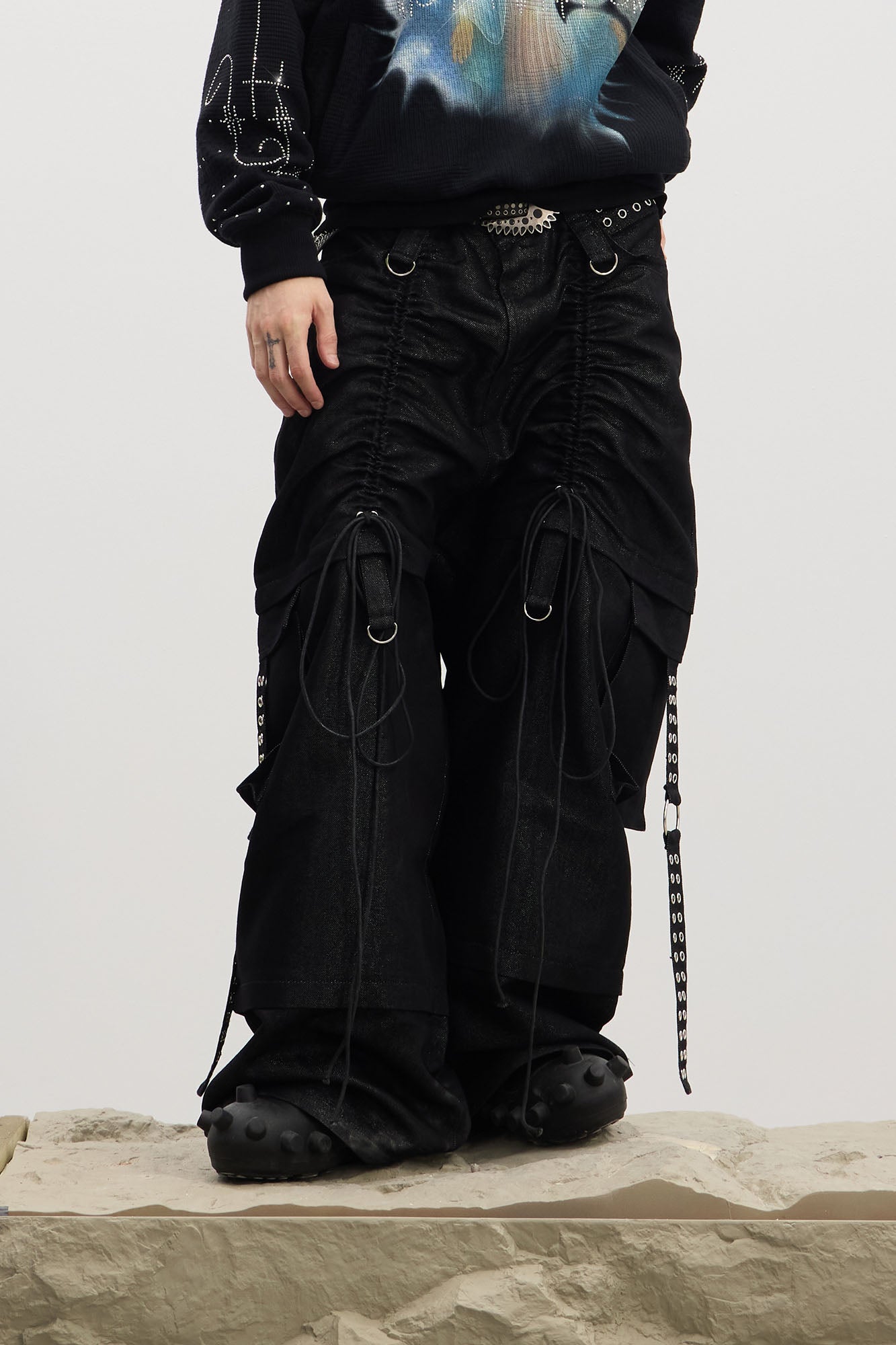 DND4DES Drawstring Ruched Coated Cargo Jeans