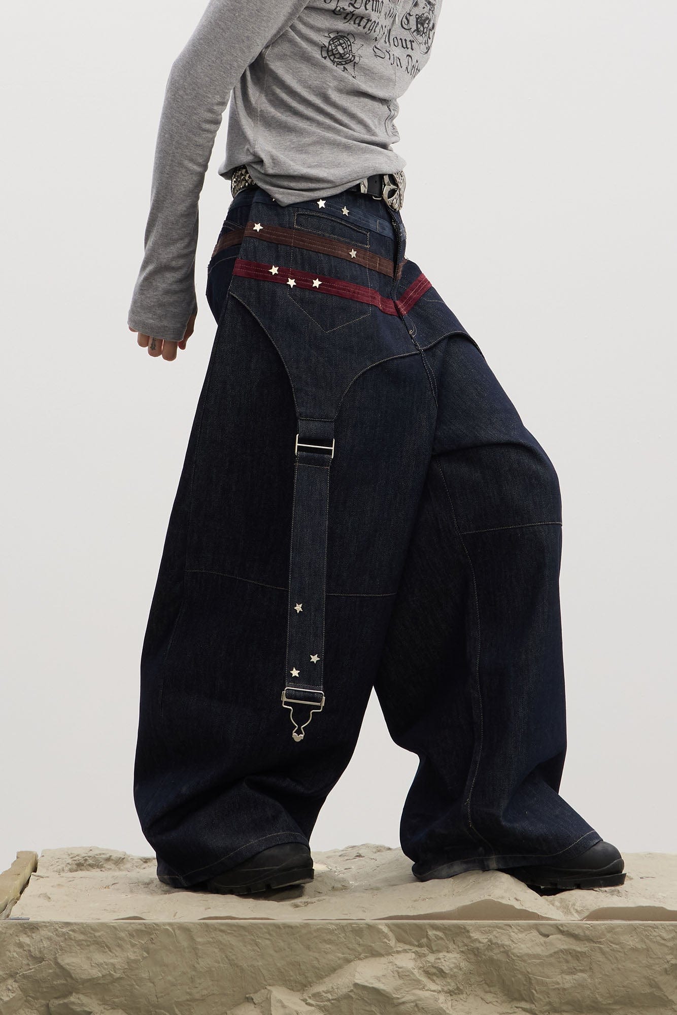 DND4DES Star-Rivet Harness-Layered Curved Jeans, premium urban and streetwear designers apparel on PROJECTISR.com, DND4DES