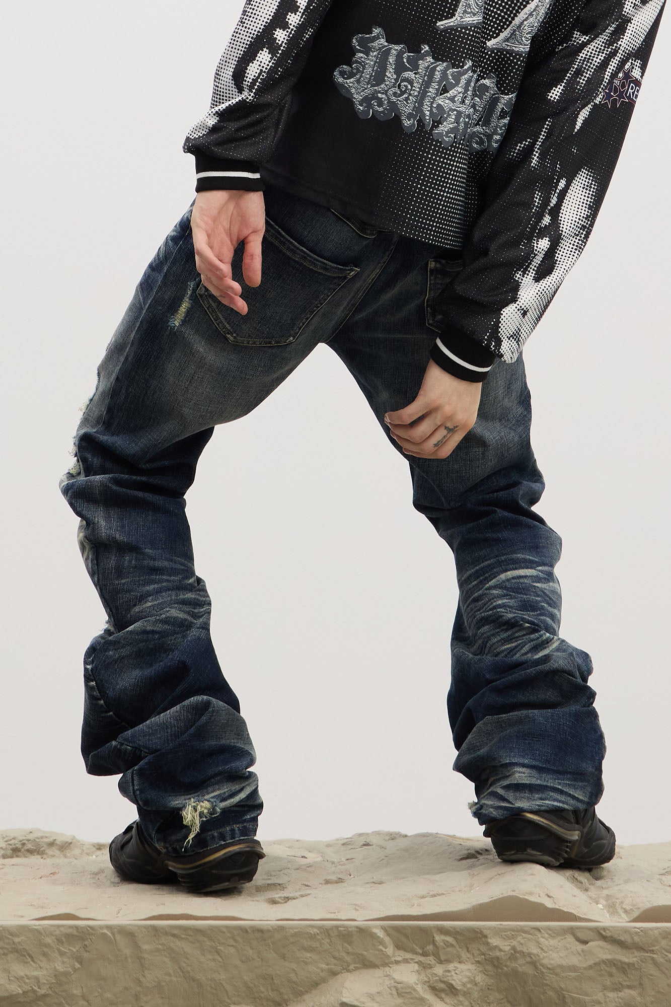 DND4DES Dirty Fit Whiskered Stack Jeans, premium urban and streetwear designers apparel on PROJECTISR.com, DND4DES