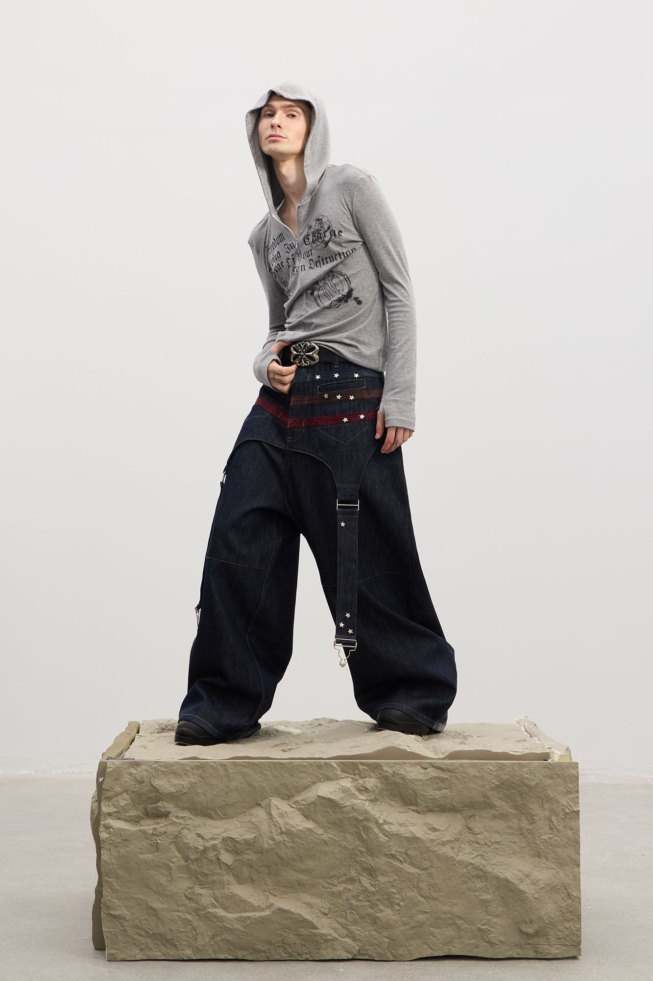 DND4DES Star-Rivet Harness-Layered Curved Jeans, premium urban and streetwear designers apparel on PROJECTISR.com, DND4DES