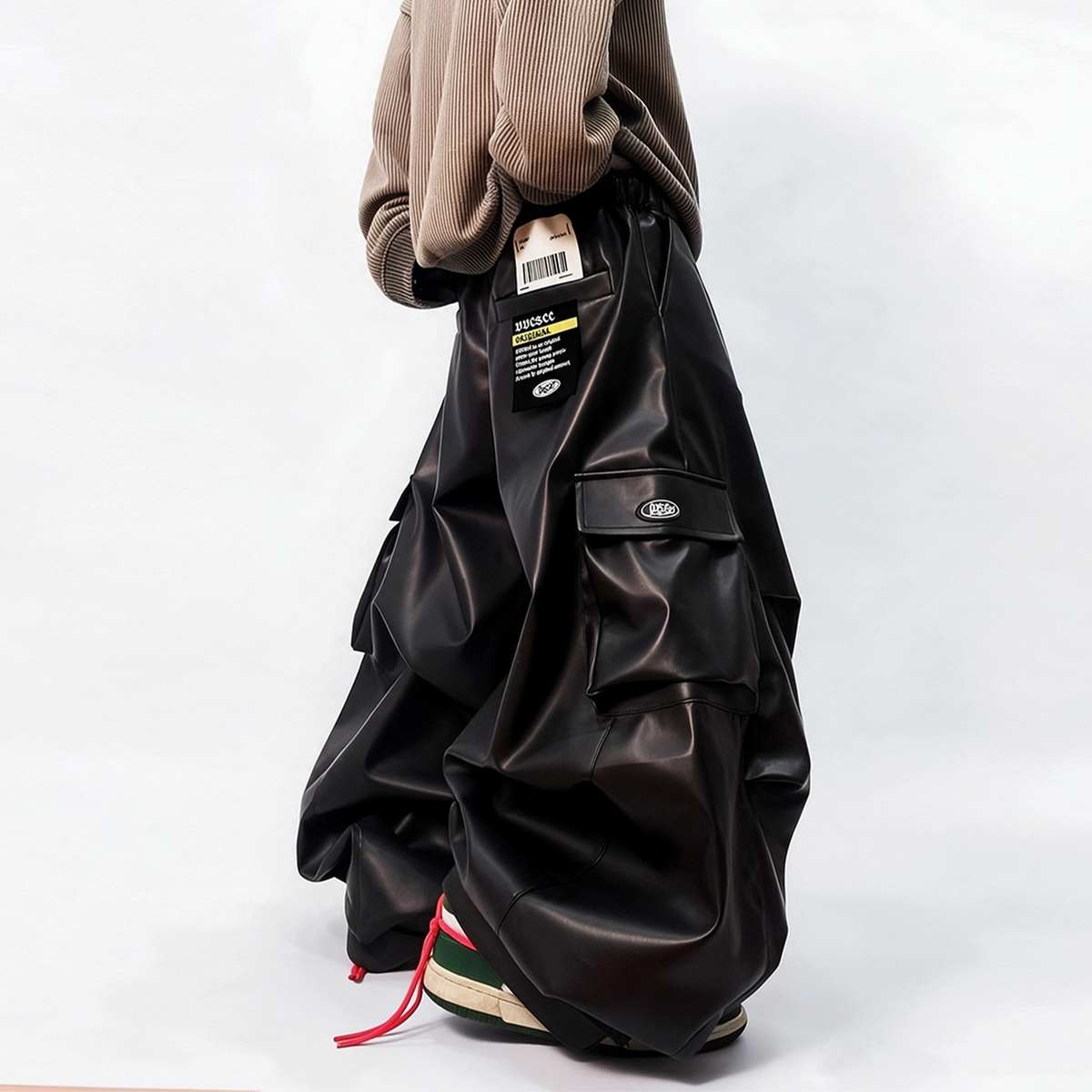 UUCSCC Faux Leather Wide-Leg Cargo Pants, premium urban and streetwear designers apparel on PROJECTISR.com, UUCSCC