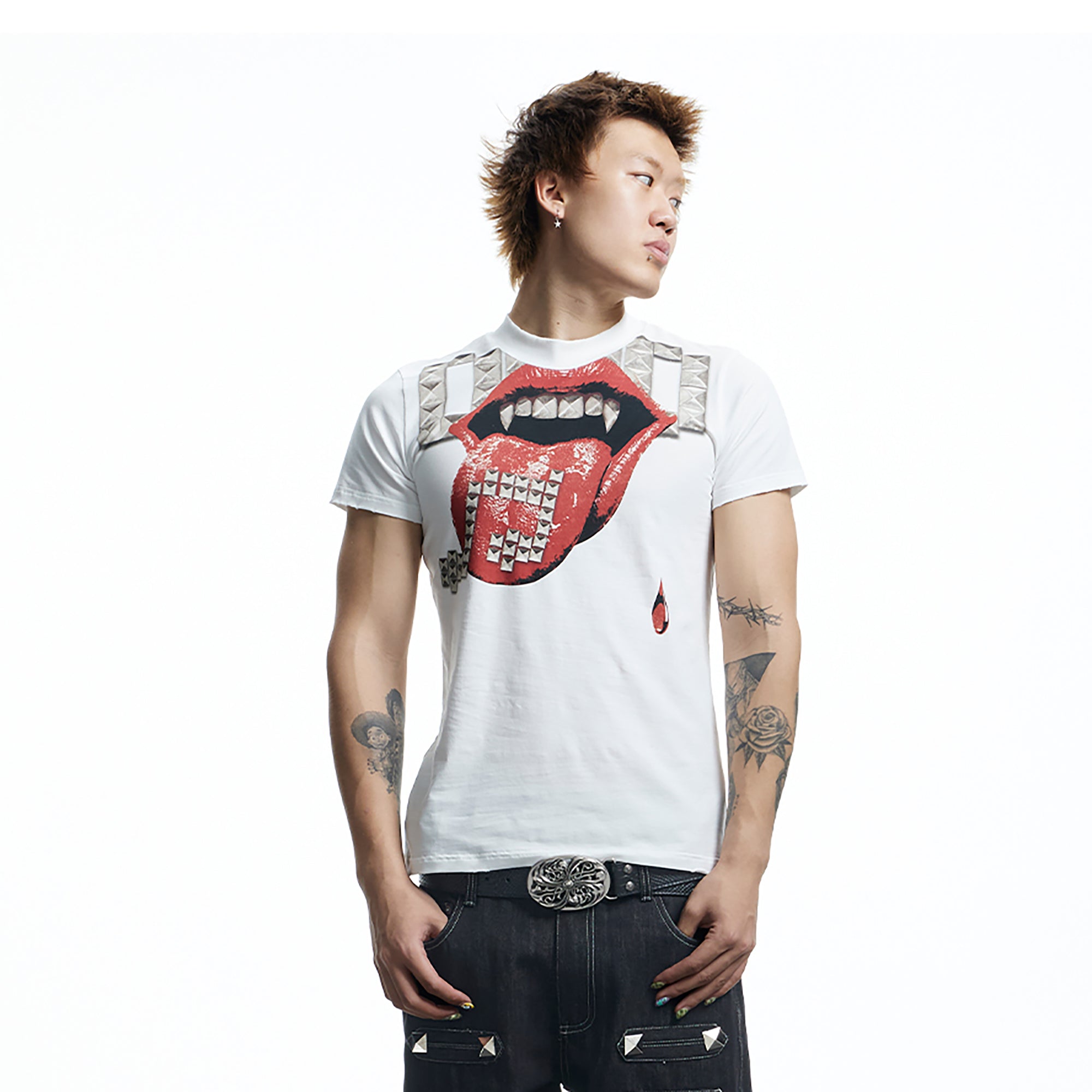 DND4DES Punk Stud Lips Print T-Shirt, premium urban and streetwear designers apparel on PROJECTISR.com, DND4DES