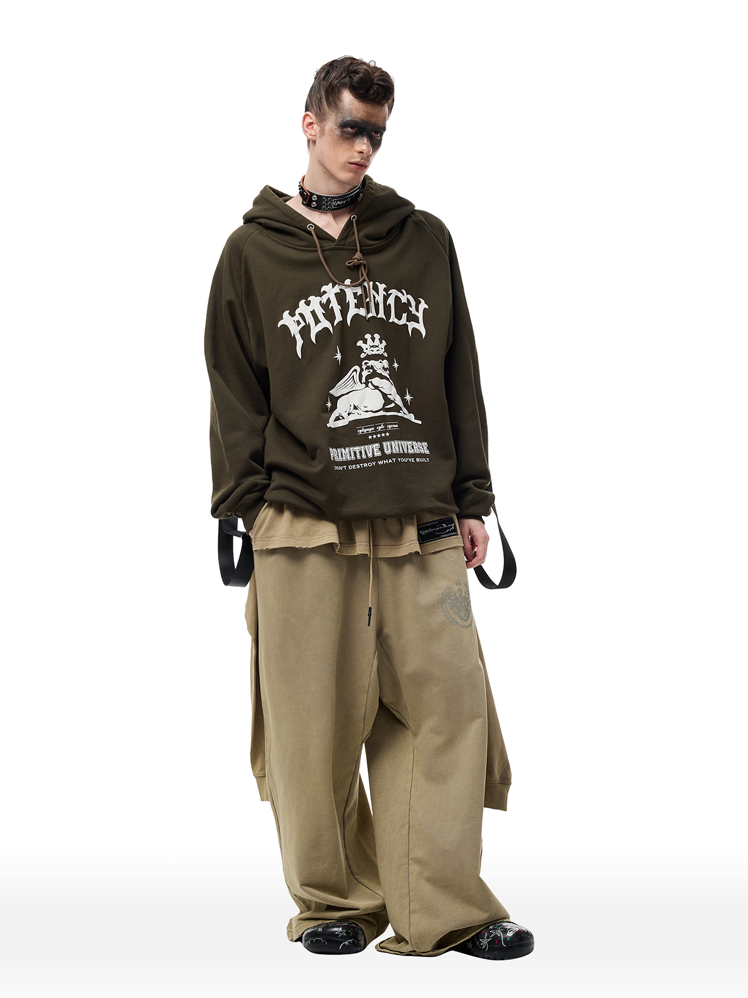 CYCYCY Layered Raw Edge Wide-Leg Sweatpants Khaki