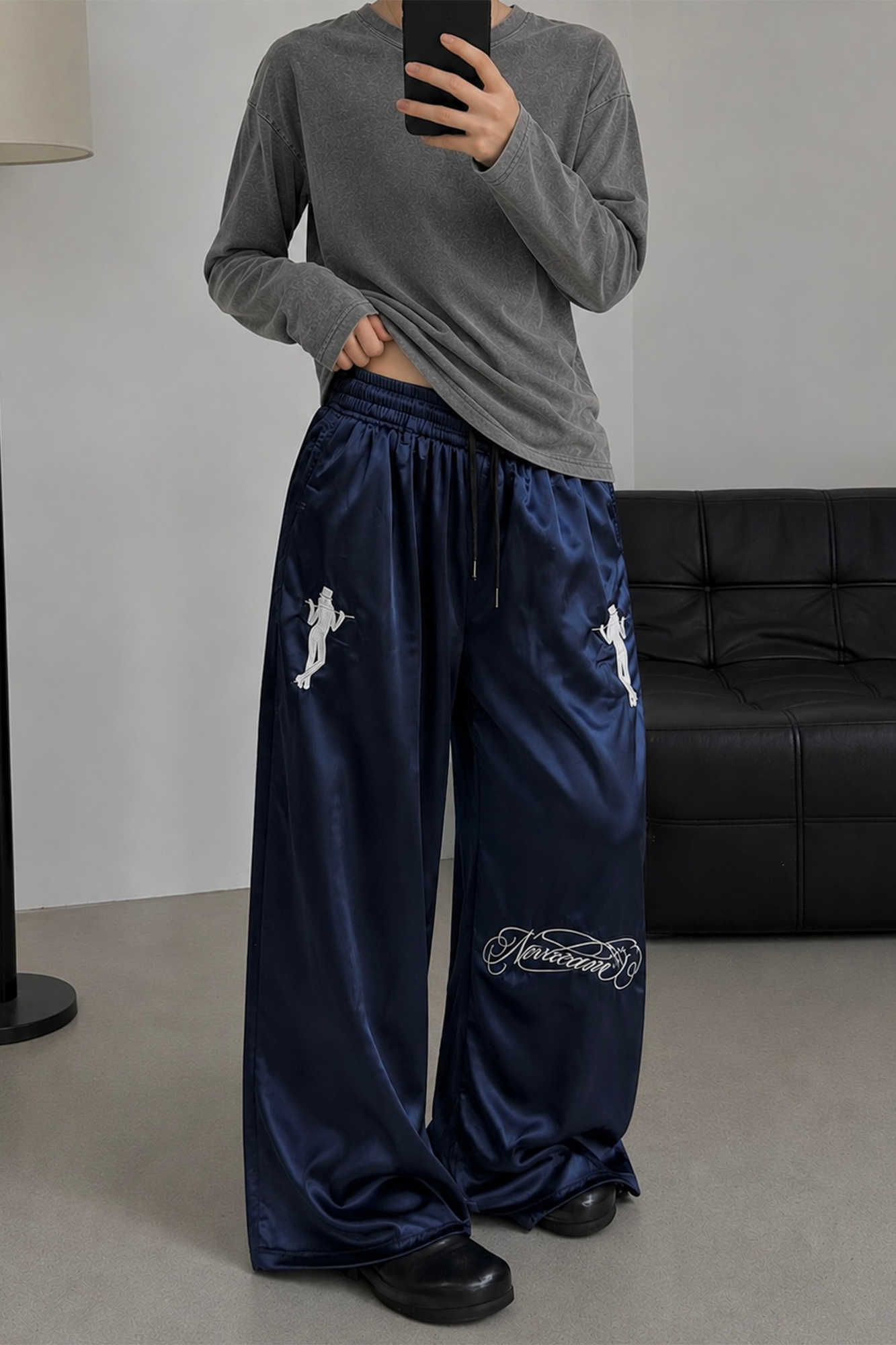 NOVACAM Satin Draped Embroidered Graphic Pants
