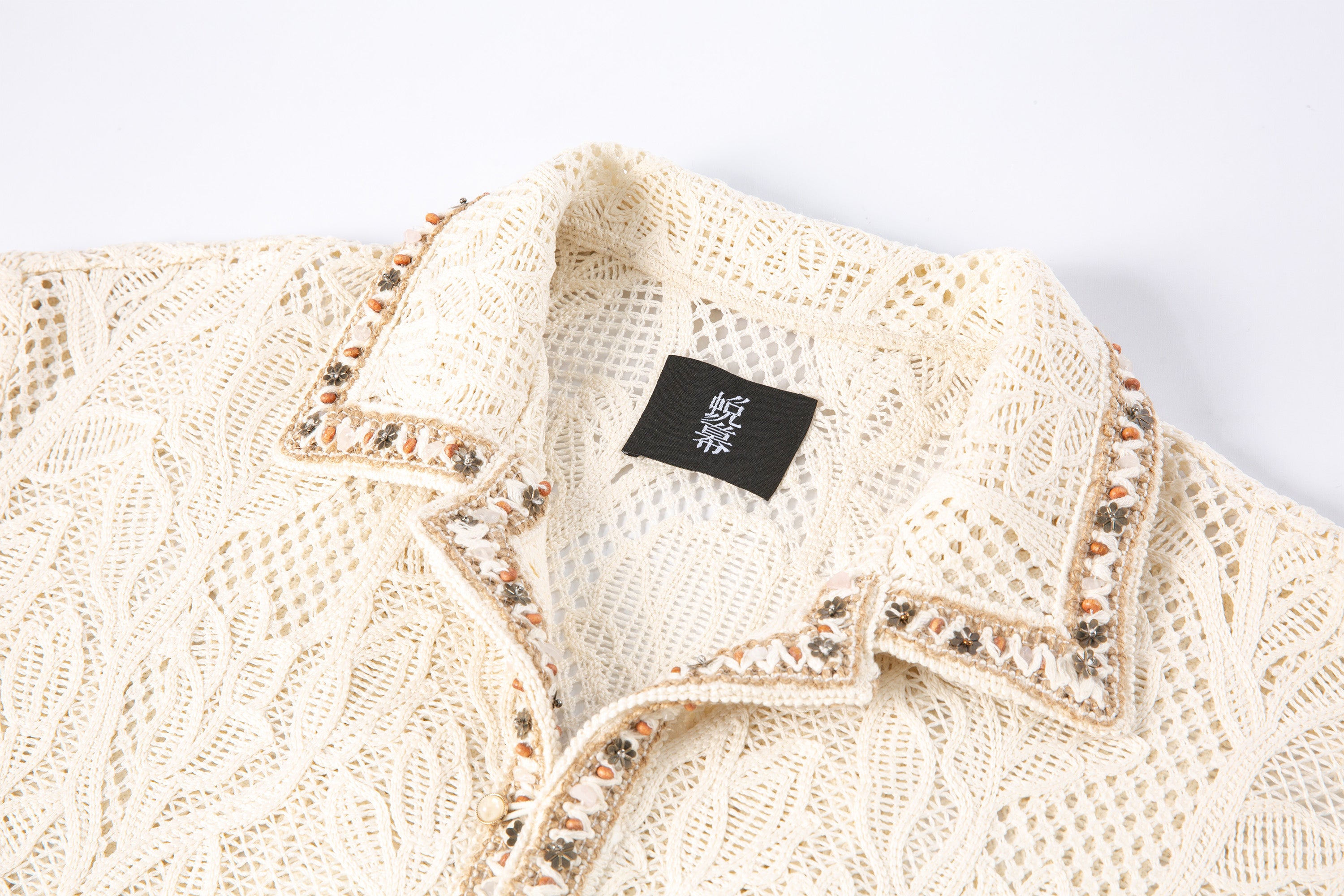 TUIMU Beaded Trim Open-Knit Jacquard Half Shirt, premium urban and streetwear designers apparel on PROJECTISR.com, TUIMU