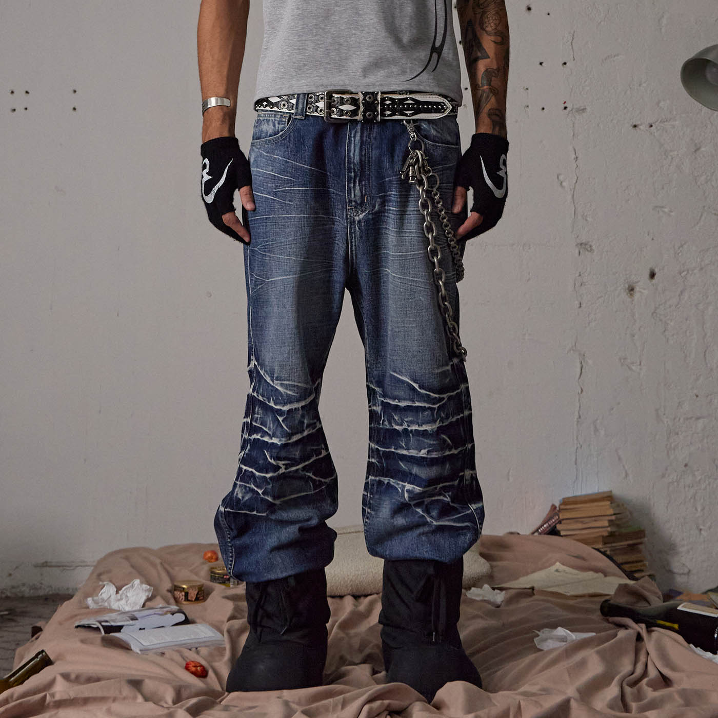 DND4DES Lightning-Creased Flared Jeans Blue, premium urban and streetwear designers apparel on PROJECTISR.com, DND4DES