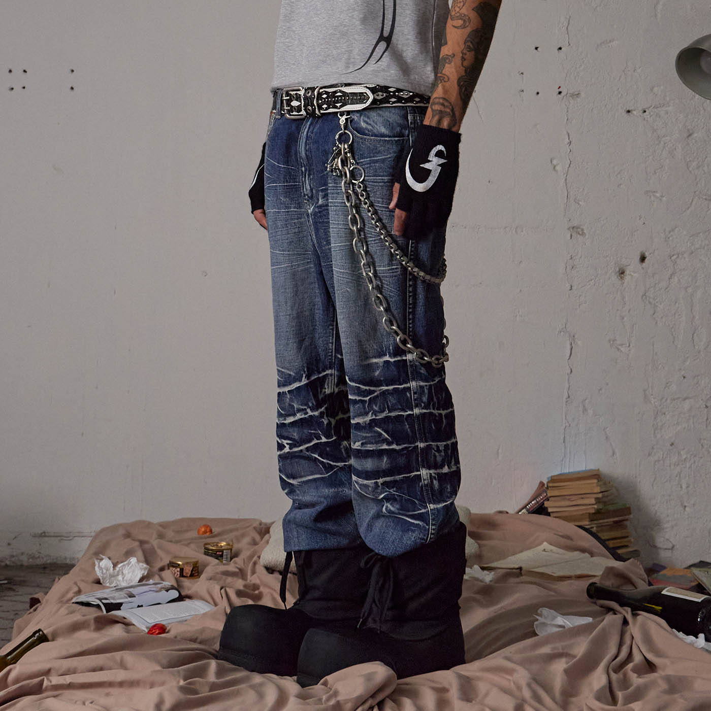 DND4DES Lightning-Creased Flared Jeans Blue, premium urban and streetwear designers apparel on PROJECTISR.com, DND4DES
