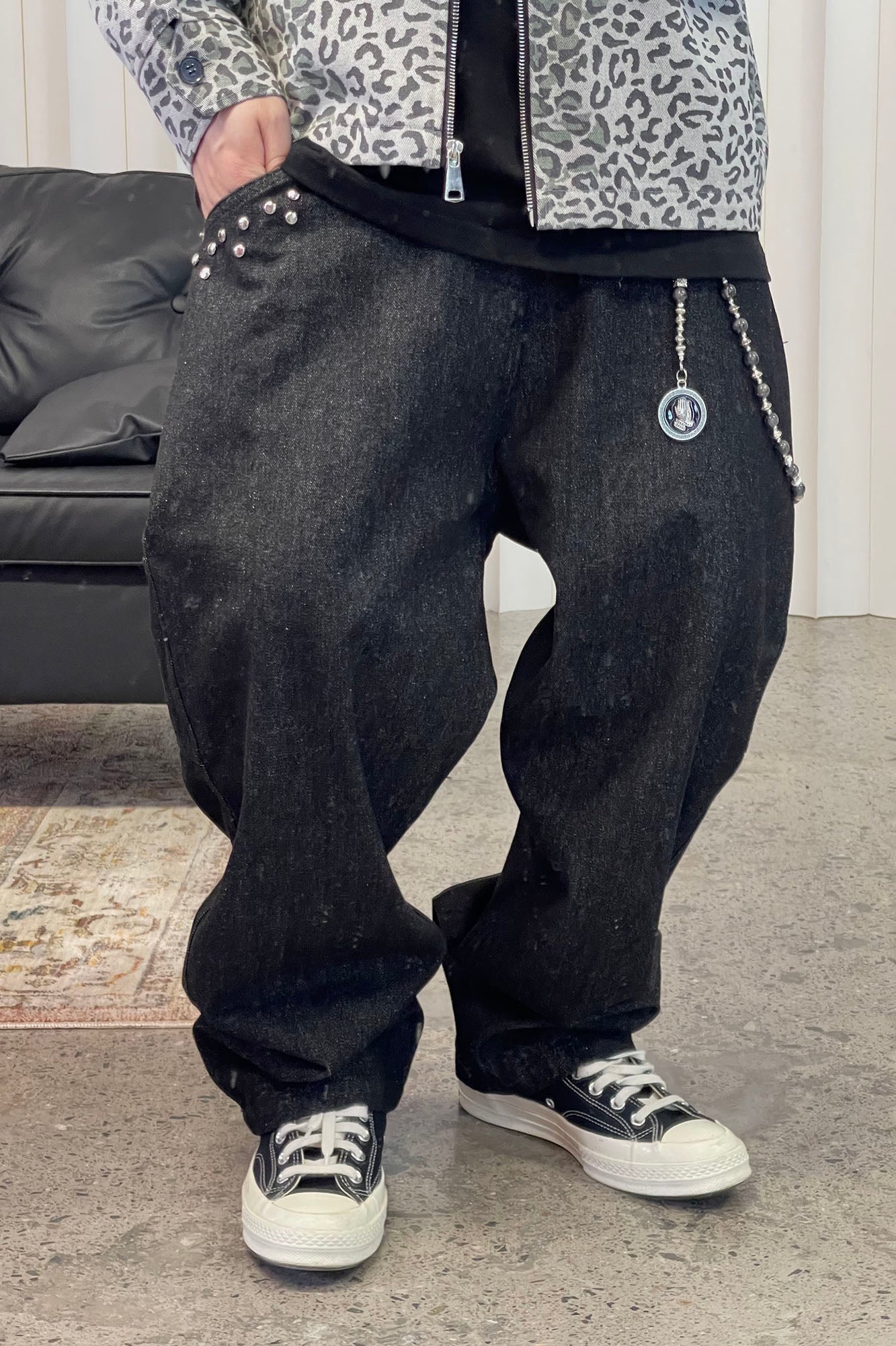 ME DA IGUAL Studded Wide-Leg Denim Pants, premium urban and streetwear designers apparel on PROJECTISR.com, ME DA IGUAL