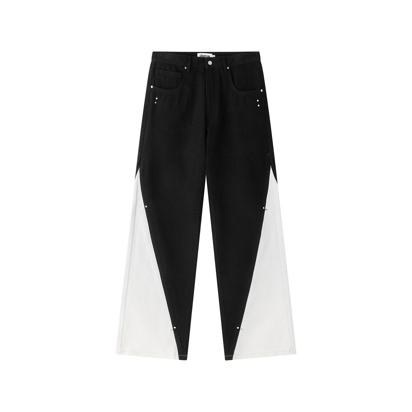 SOURPLUM Spliced Studded Straight Jeans, premium urban and streetwear designers apparel on PROJECTISR.com, SOURPLUM