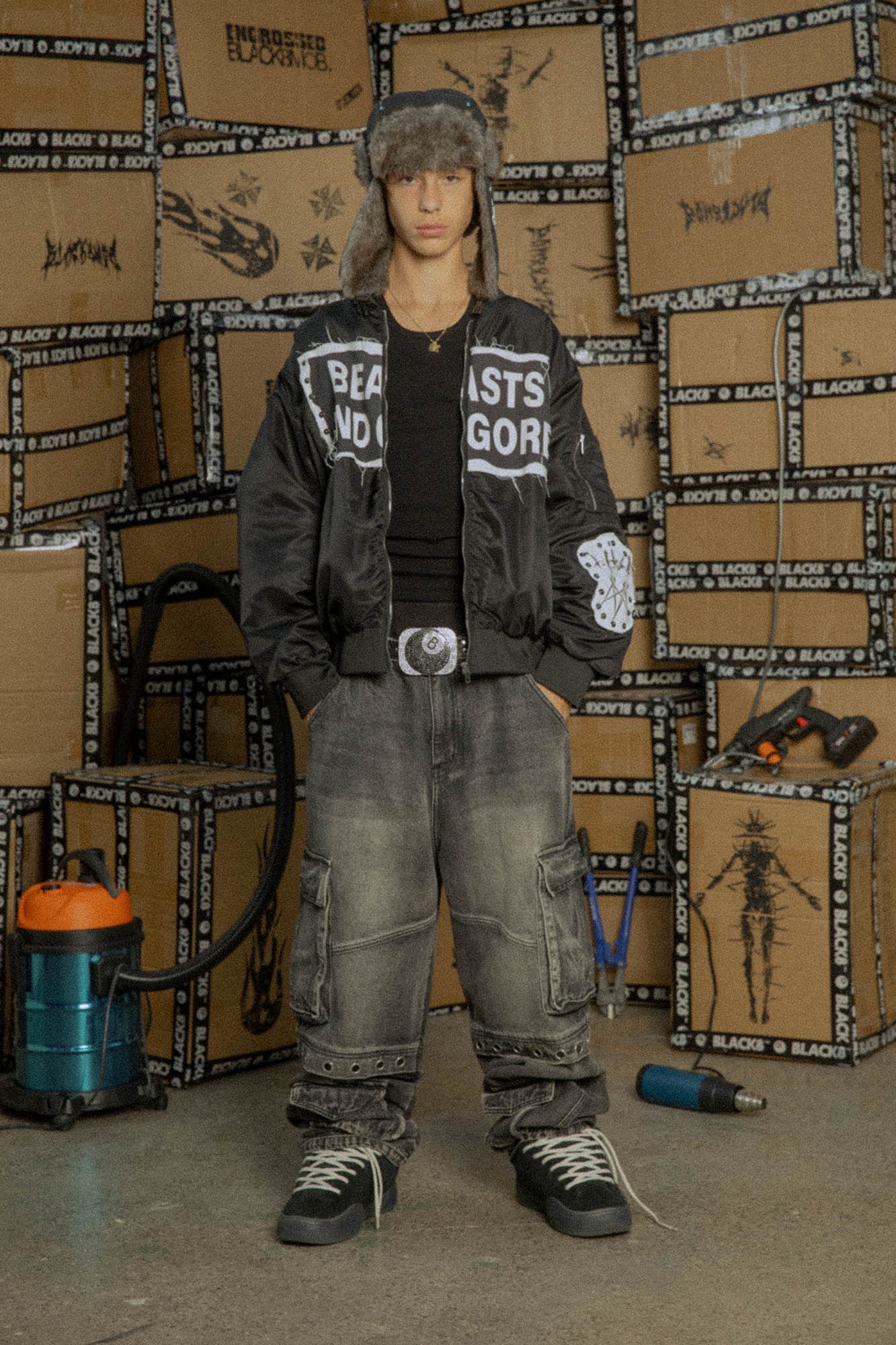 BLACK8MOB Studded Patchwork Bomber Jacket, premium urban and streetwear designers apparel on PROJECTISR.com, BLACK8MOB