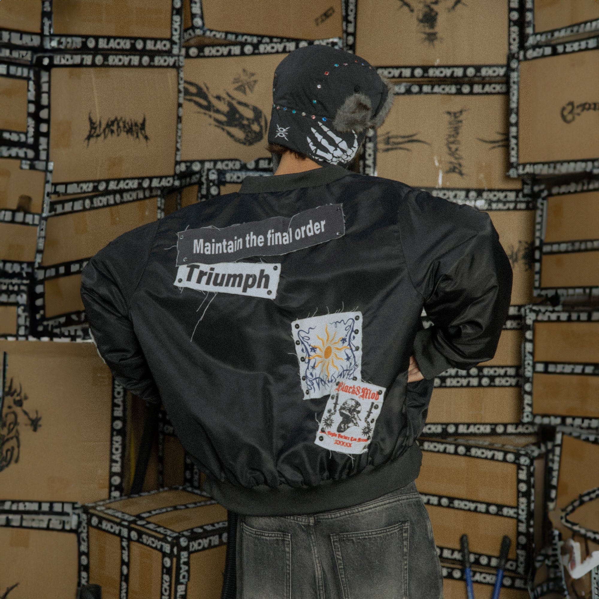 BLACK8MOB Studded Patchwork Bomber Jacket, premium urban and streetwear designers apparel on PROJECTISR.com, BLACK8MOB