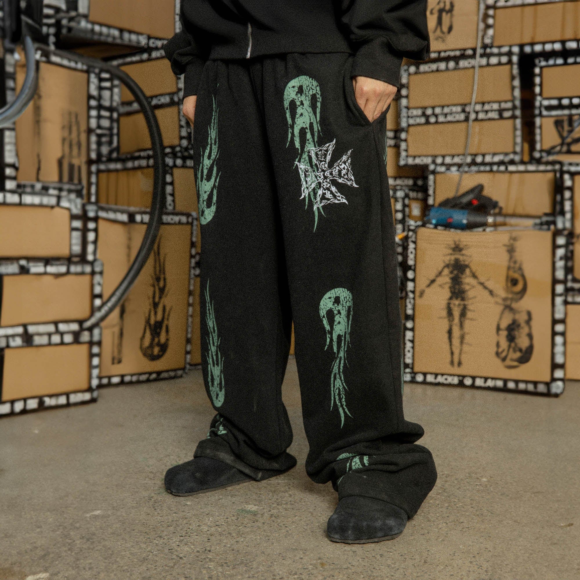 BLACK8MOB Flame Graphics Sweatpants, premium urban and streetwear designers apparel on PROJECTISR.com, BLACK8MOB