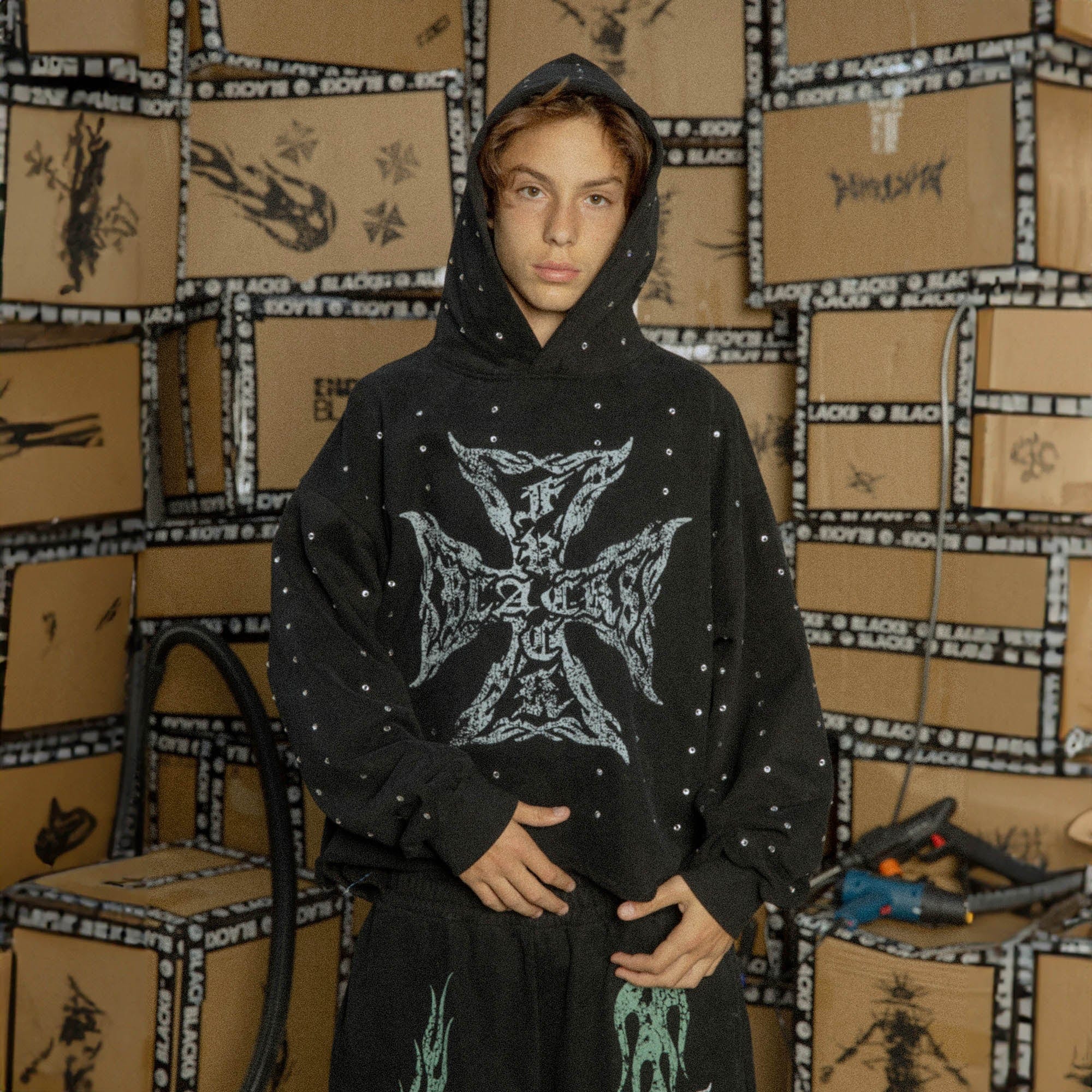BLACK8MOB Full Studded Cross Hoodie, premium urban and streetwear designers apparel on PROJECTISR.com, BLACK8MOB