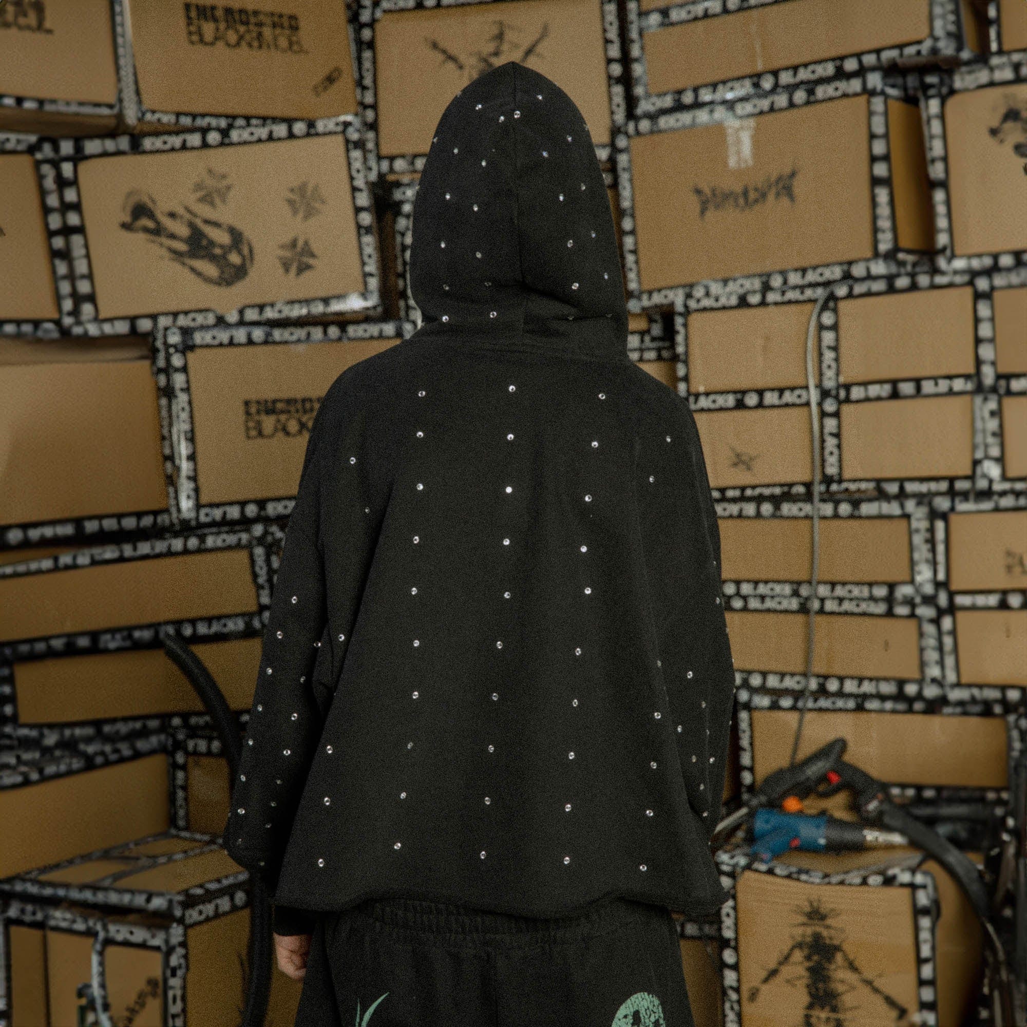 BLACK8MOB Full Studded Cross Hoodie, premium urban and streetwear designers apparel on PROJECTISR.com, BLACK8MOB