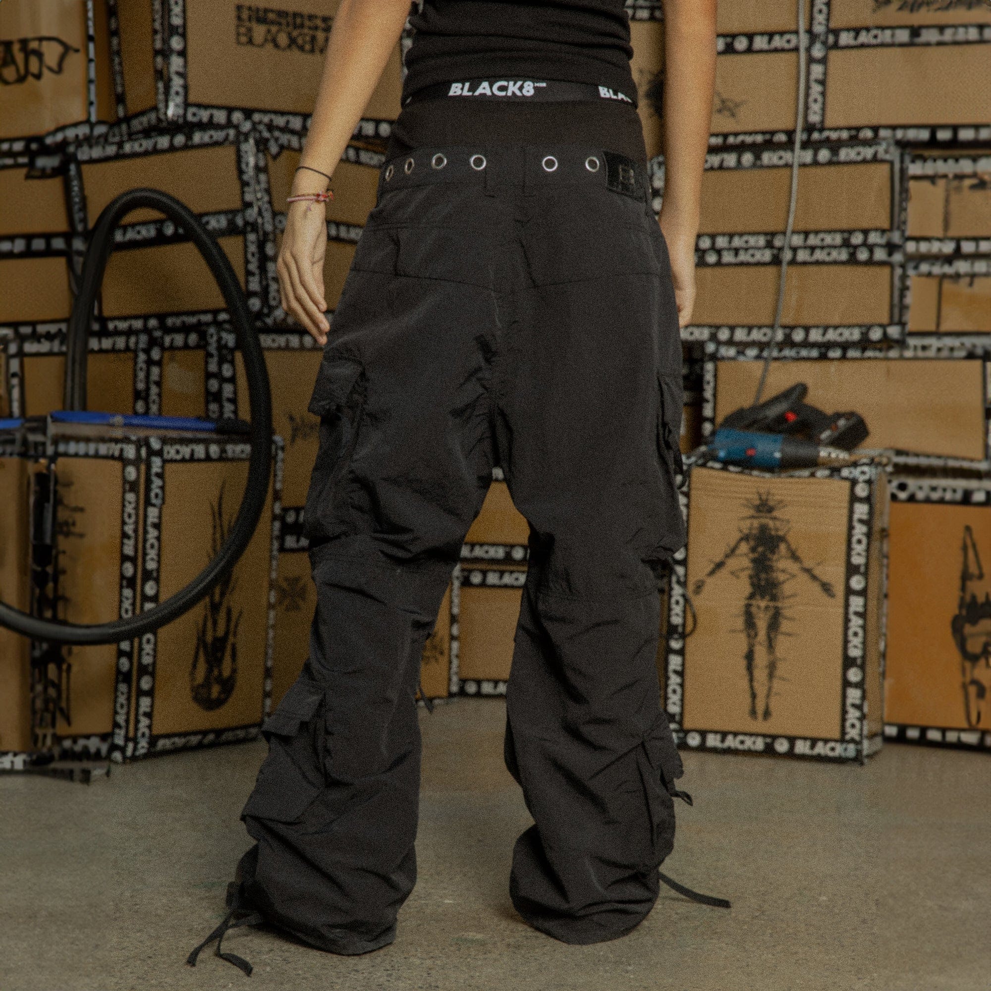BLACK8MOB Eyelet Waist Tie Multi-Pocket Parachute Pants, premium urban and streetwear designers apparel on PROJECTISR.com, BLACK8MOB