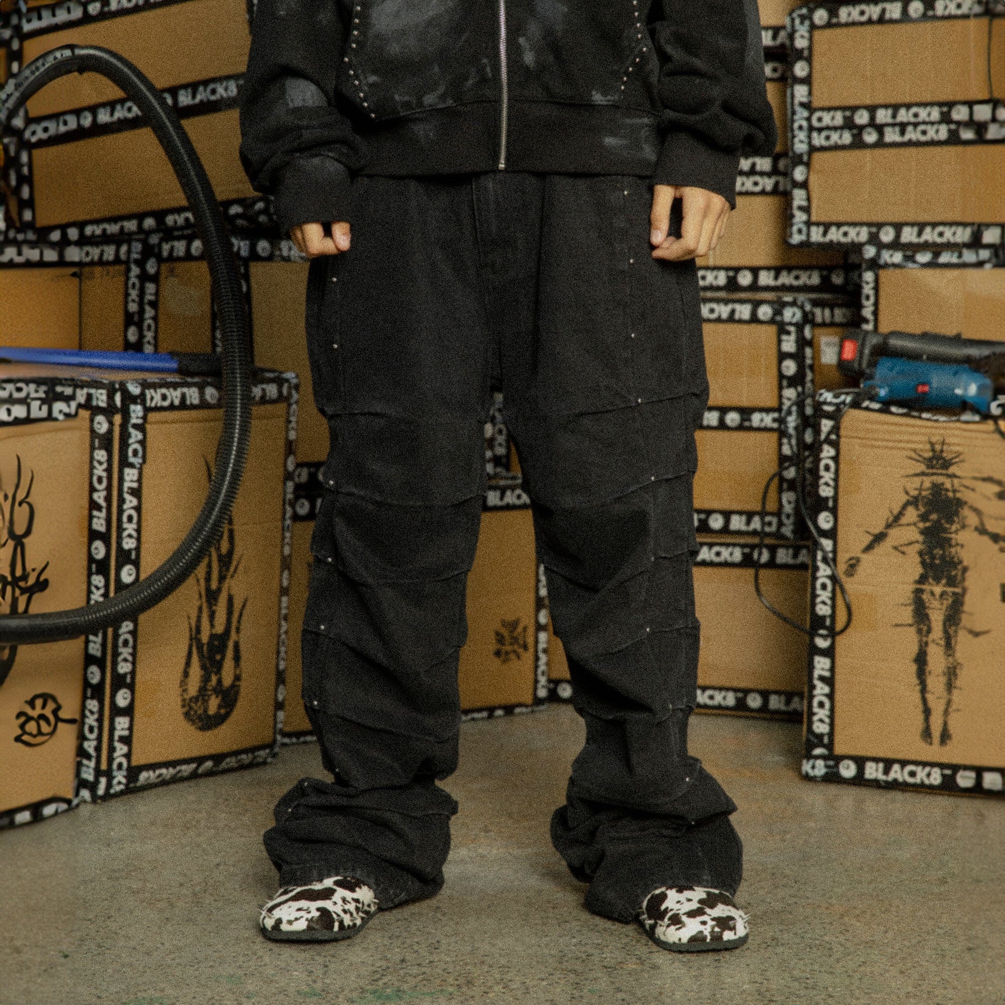 BLACK8MOB Armour Crinkled Rivet Pants, premium urban and streetwear designers apparel on PROJECTISR.com, BLACK8MOB