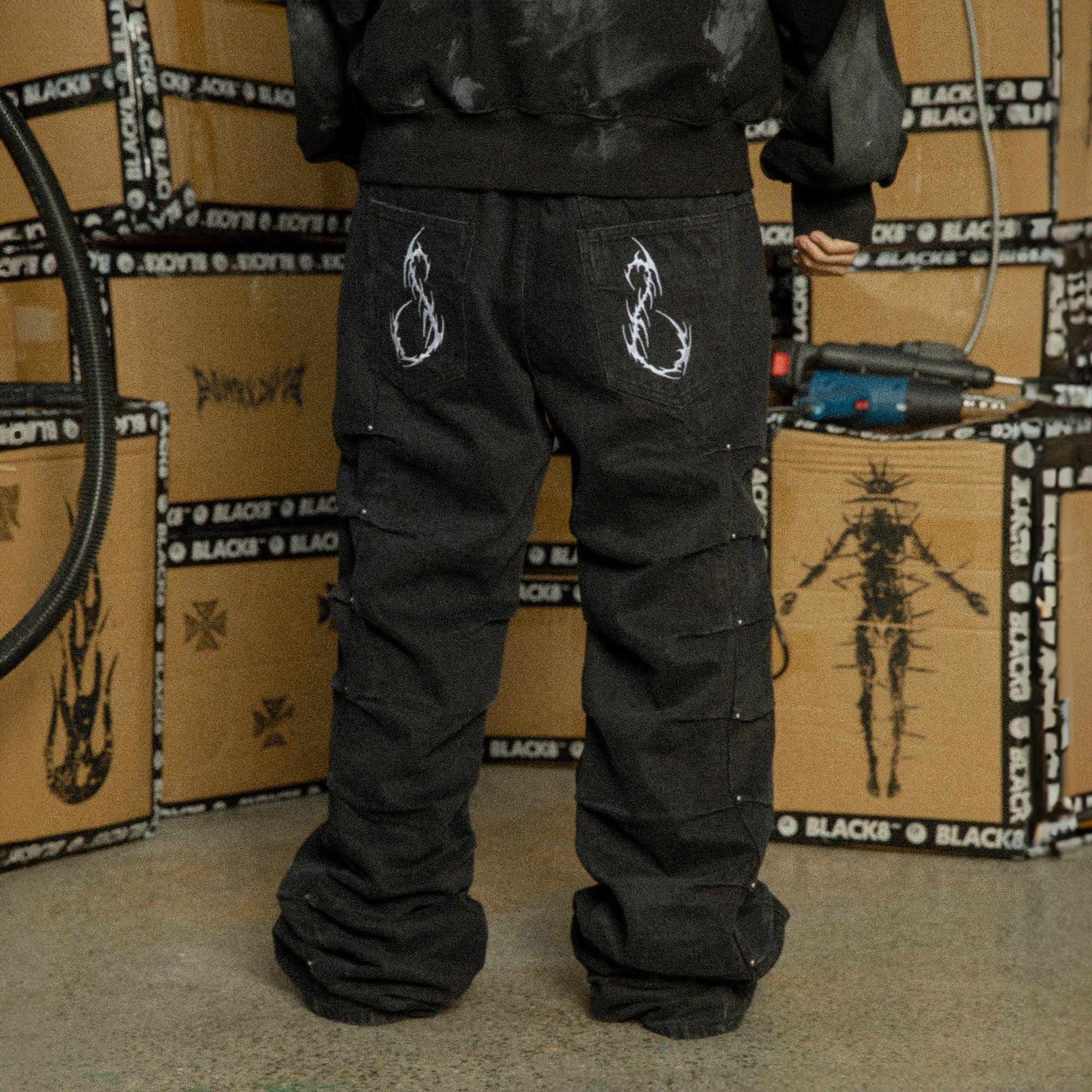 BLACK8MOB Armour Crinkled Rivet Pants, premium urban and streetwear designers apparel on PROJECTISR.com, BLACK8MOB