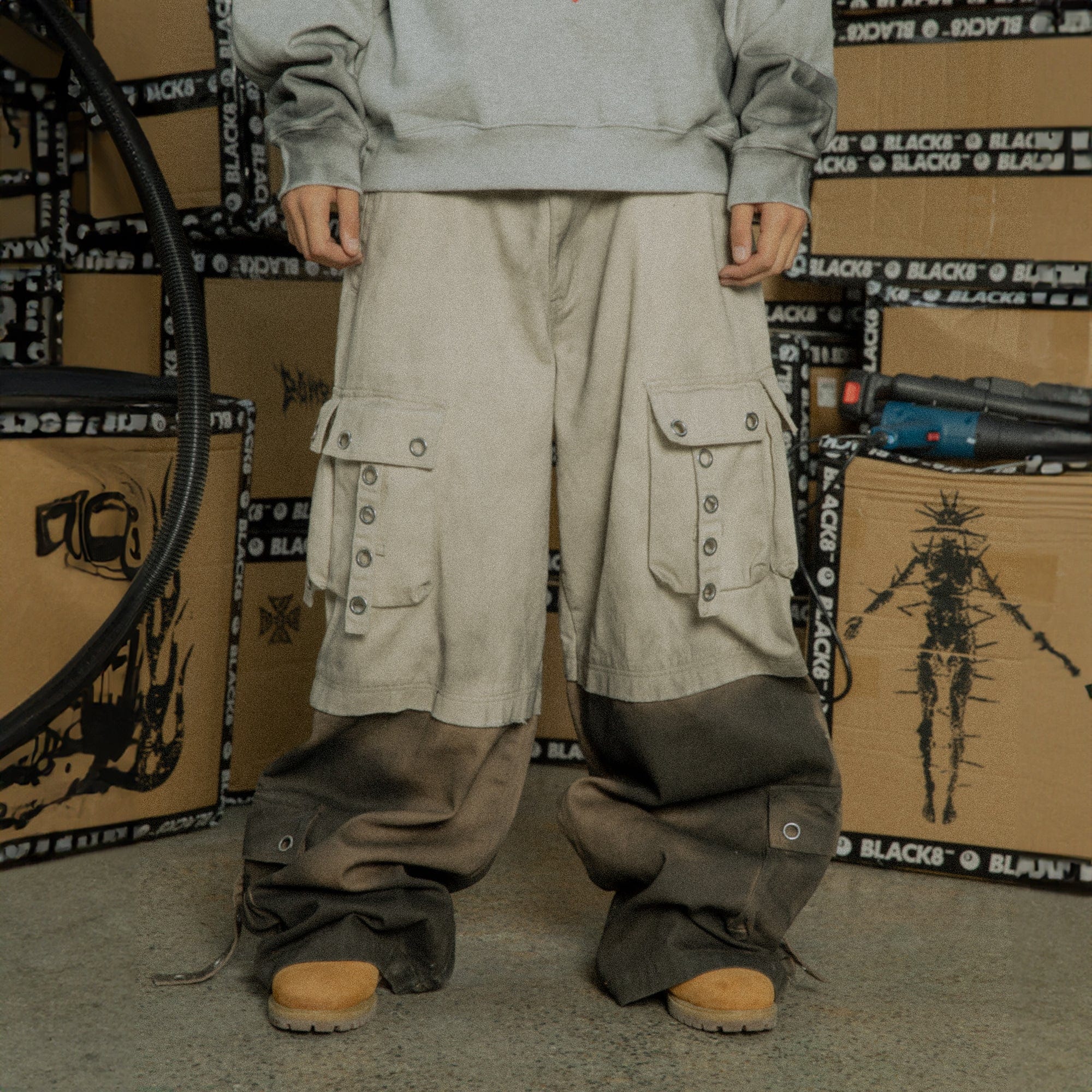 BLACK8MOB Distressed Paneled Multi-Pocket Cargo, premium urban and streetwear designers apparel on PROJECTISR.com, BLACK8MOB