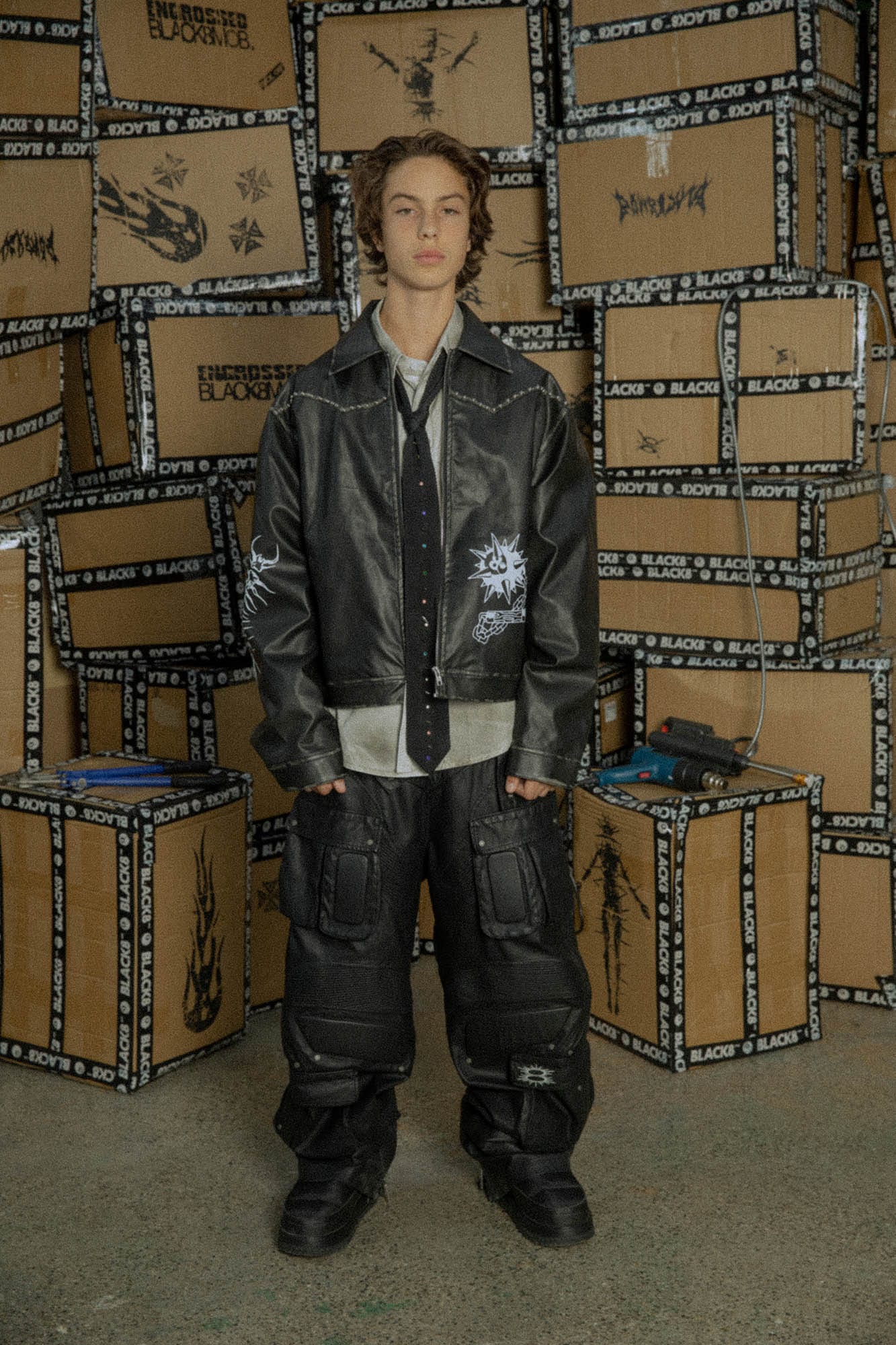 BLACK8MOB Distressed Graphics Faded Studded Leather Jacket, premium urban and streetwear designers apparel on PROJECTISR.com, BLACK8MOB