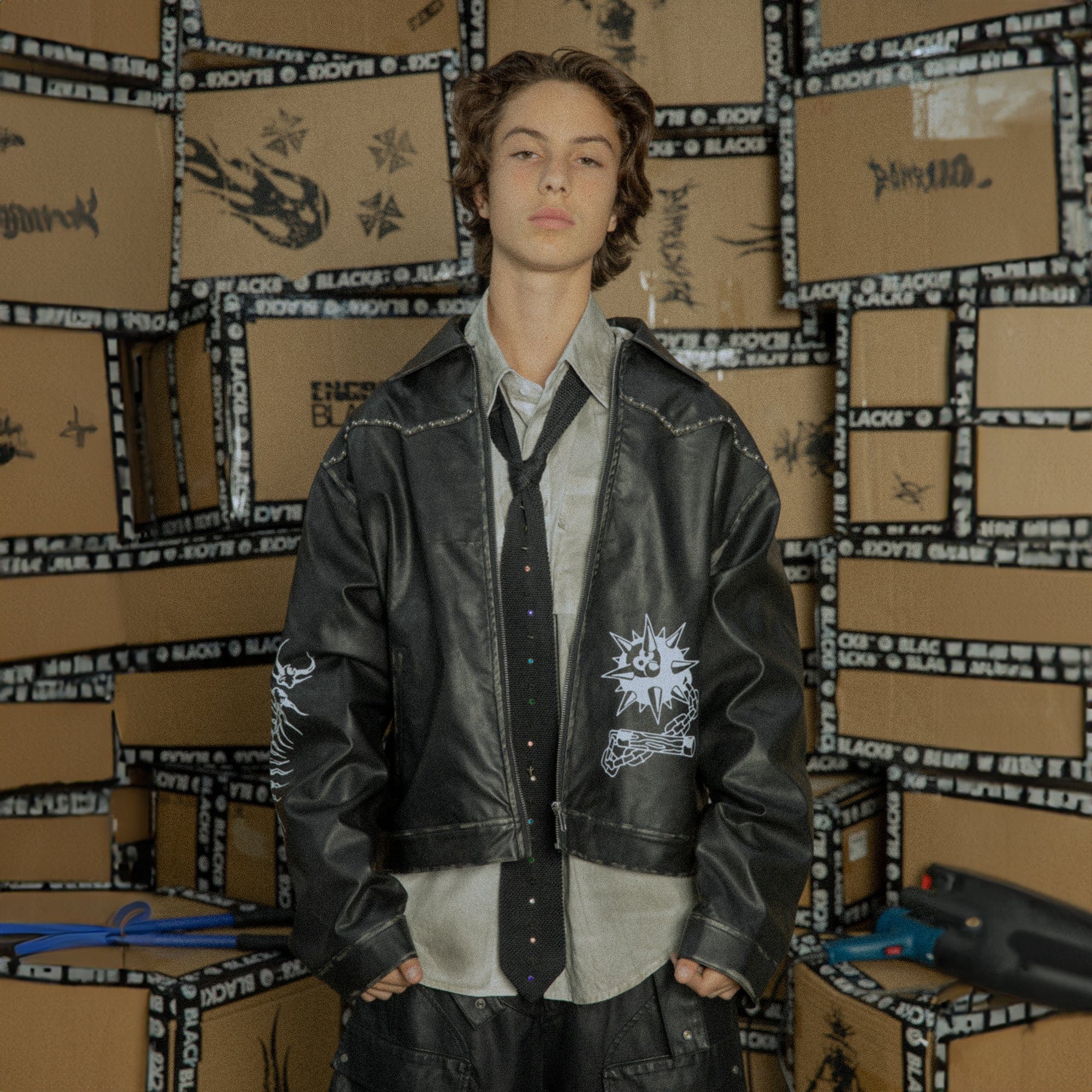 BLACK8MOB Distressed Graphics Faded Studded Leather Jacket, premium urban and streetwear designers apparel on PROJECTISR.com, BLACK8MOB