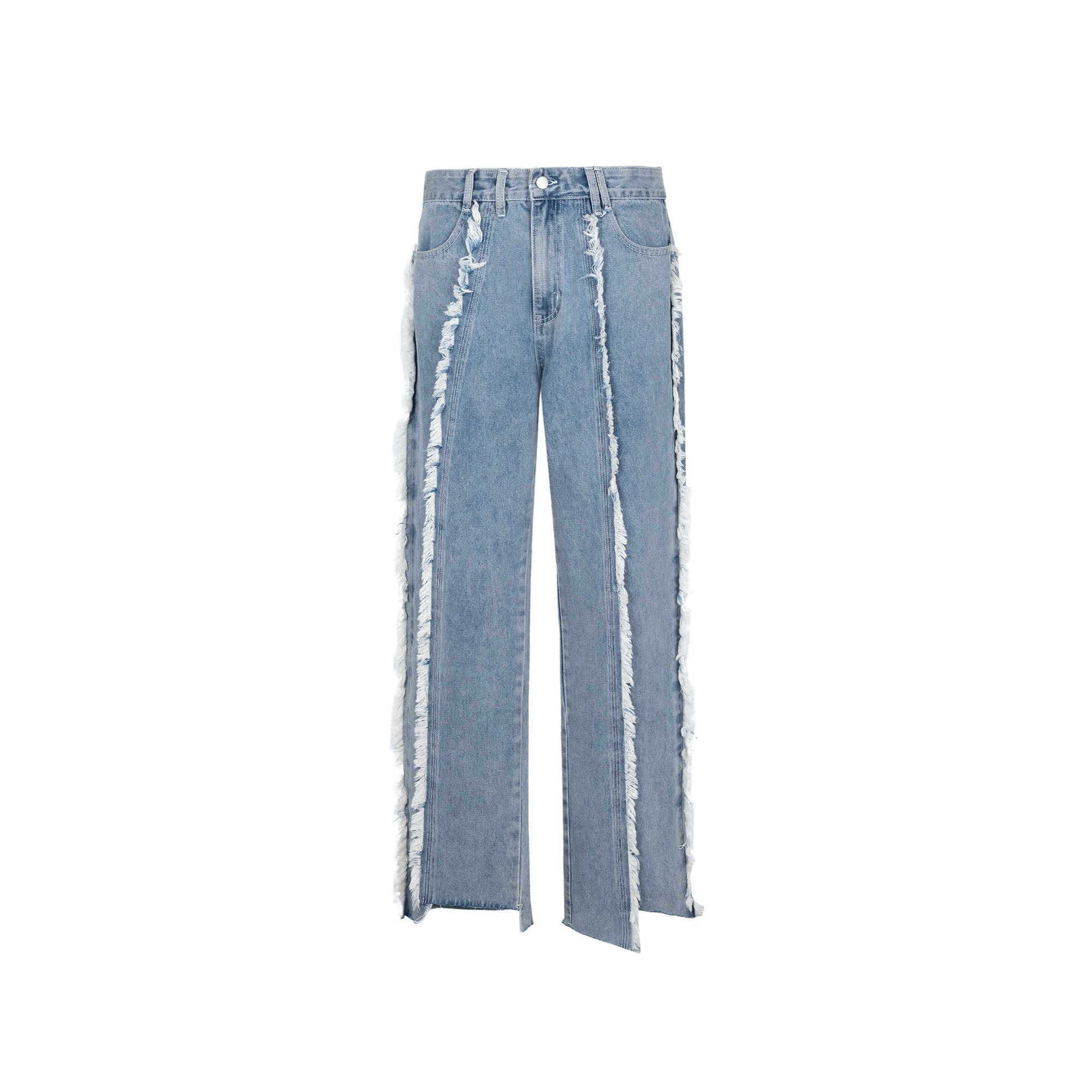 TUIMU Fringe-Trim Straight-Leg Washed Jeans, premium urban and streetwear designers apparel on PROJECTISR.com, TUIMU