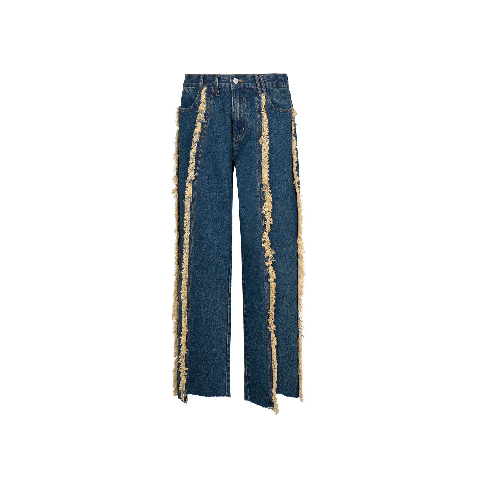 TUIMU Fringe-Trim Straight-Leg Washed Jeans, premium urban and streetwear designers apparel on PROJECTISR.com, TUIMU