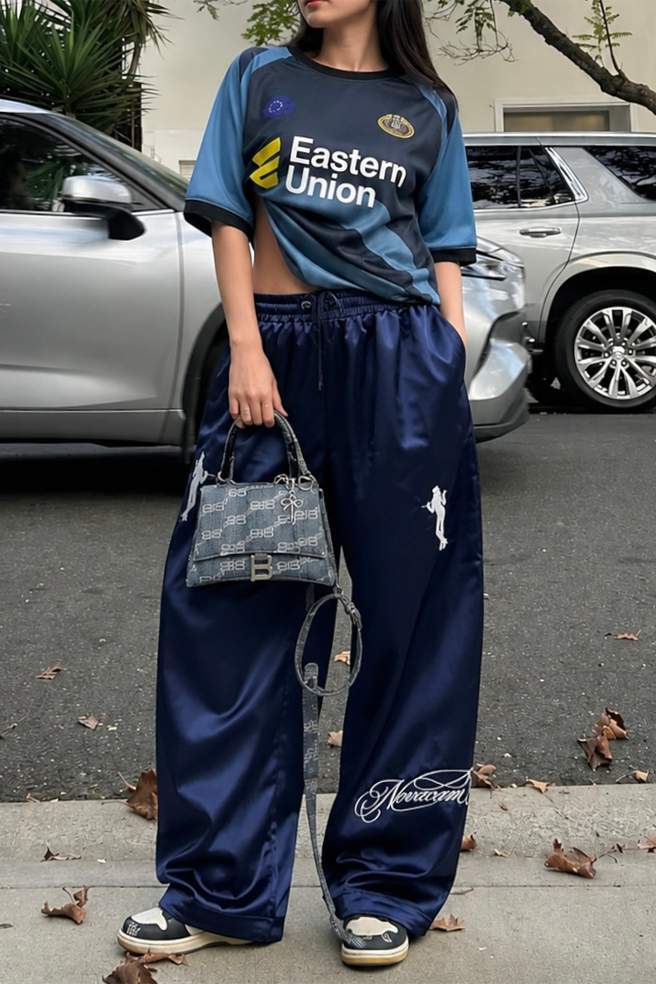 NOVACAM Satin Draped Embroidered Graphic Pants