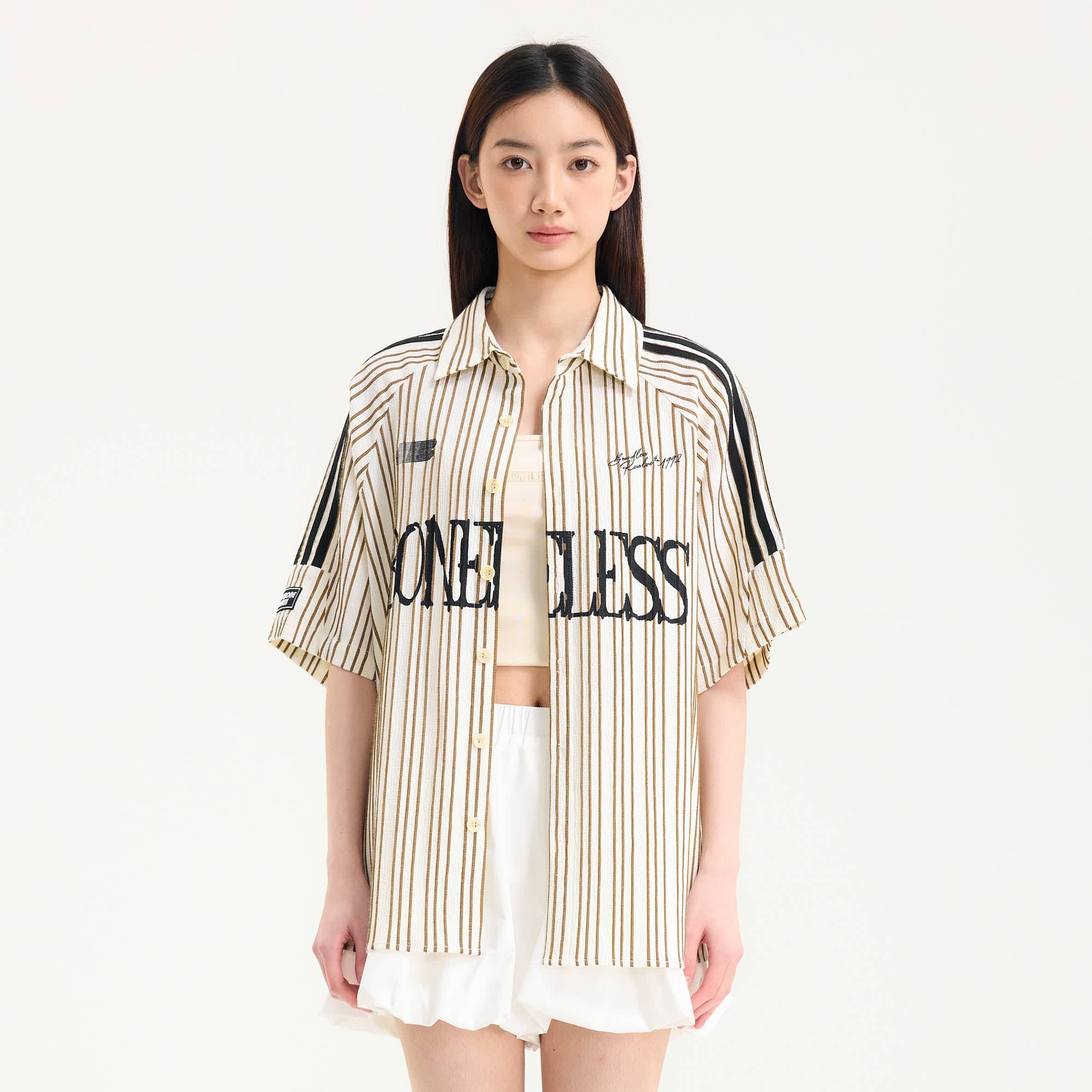 BONELESS Pinstriped Seersucker Raglan Half Shirt, premium urban and streetwear designers apparel on PROJECTISR.com, BONELESS
