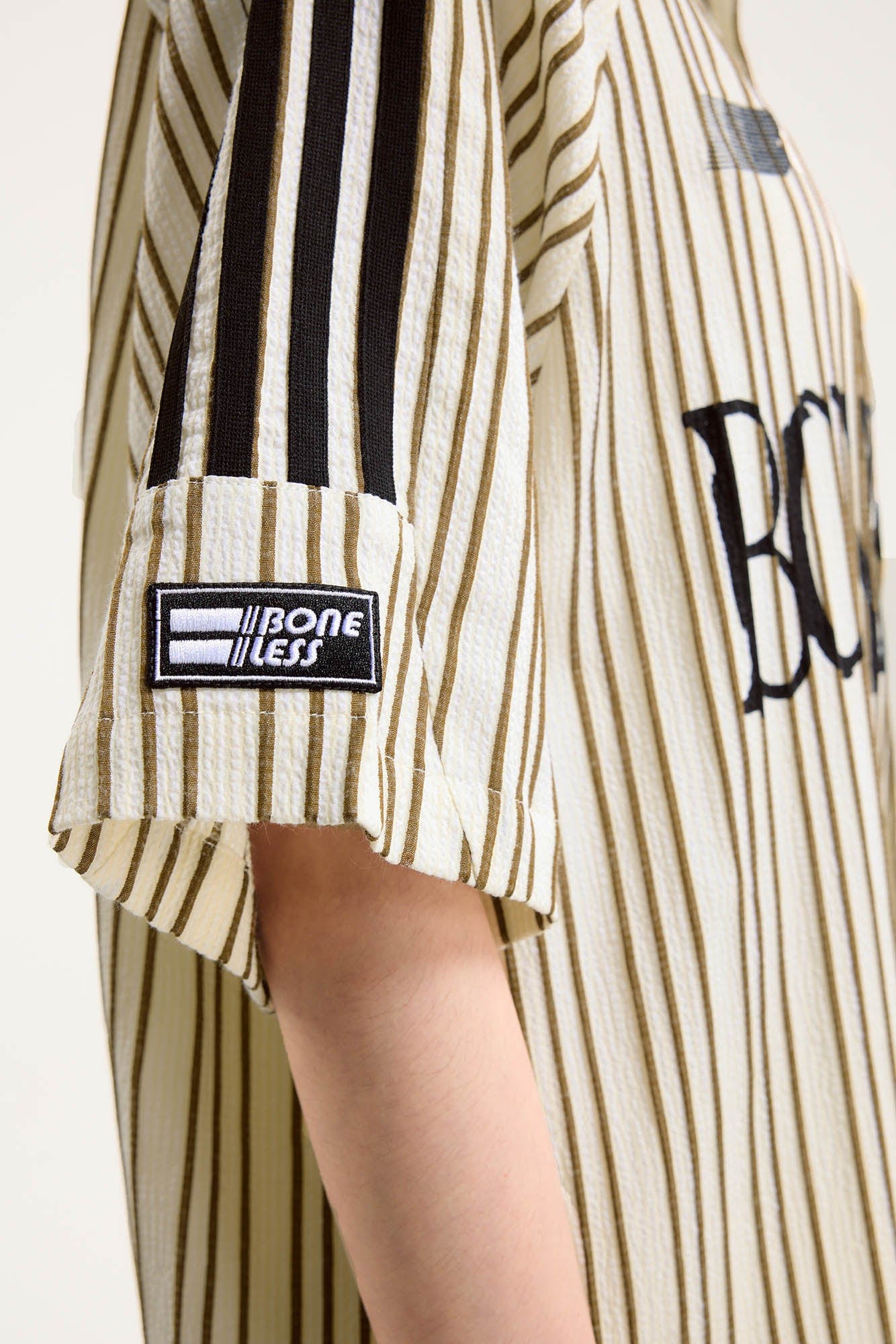 BONELESS Pinstriped Seersucker Raglan Half Shirt, premium urban and streetwear designers apparel on PROJECTISR.com, BONELESS