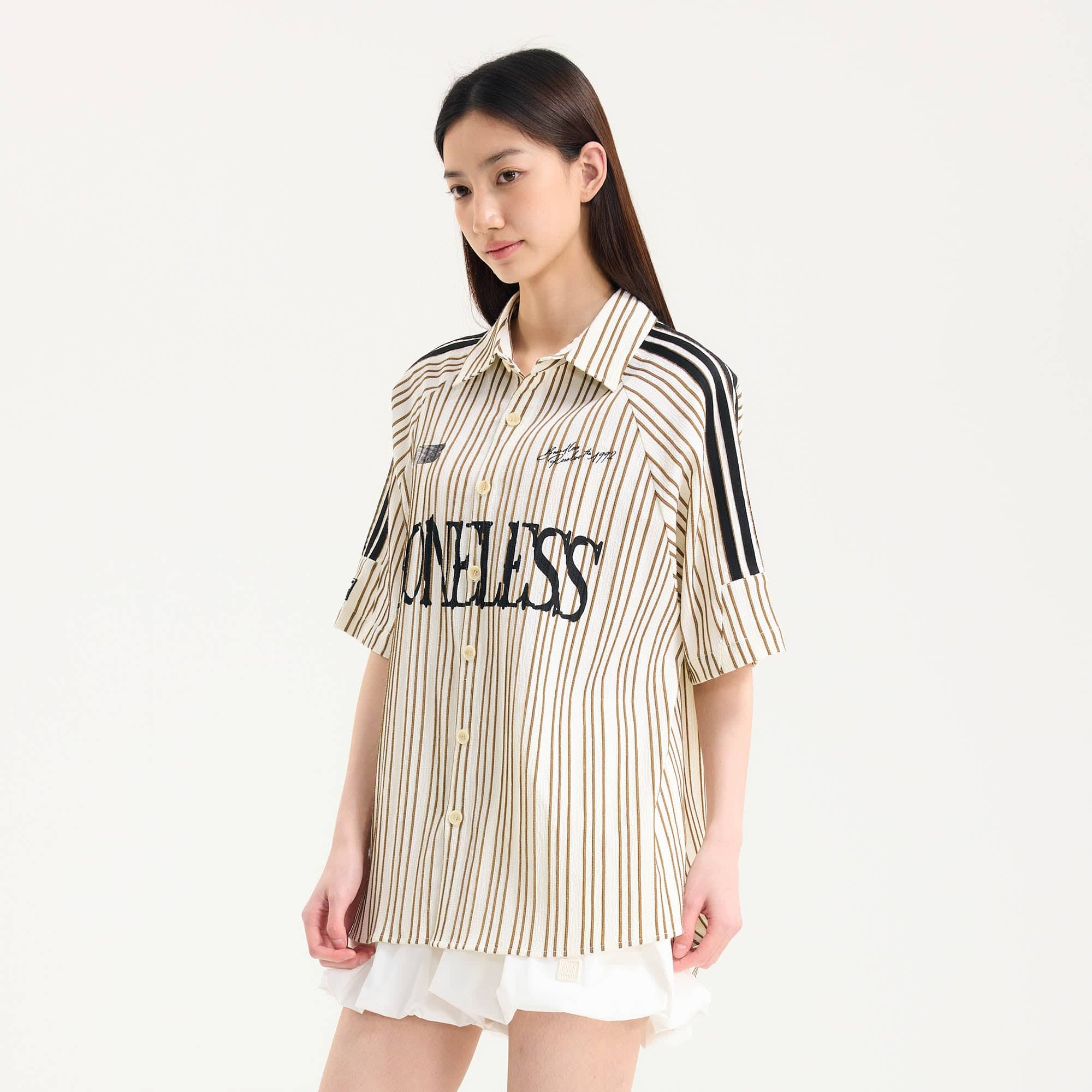 BONELESS Pinstriped Seersucker Raglan Half Shirt, premium urban and streetwear designers apparel on PROJECTISR.com, BONELESS