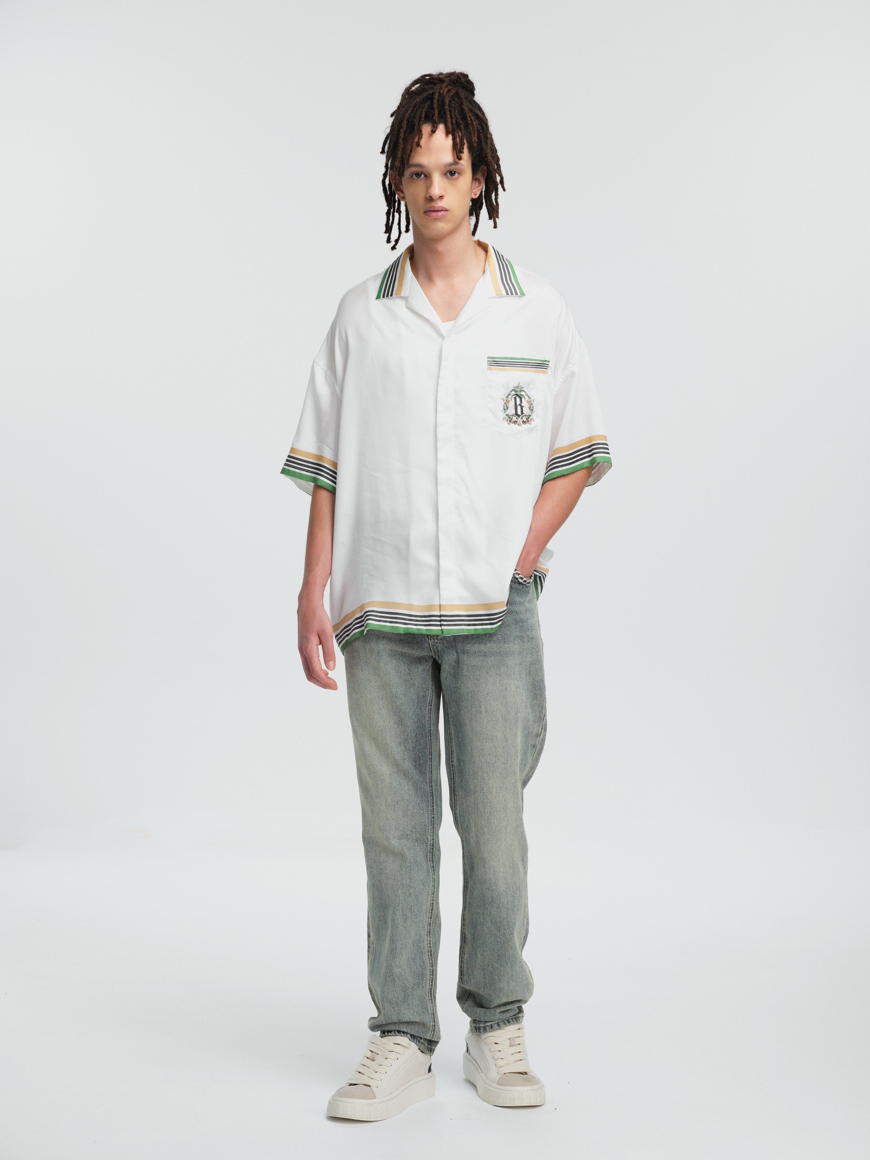 BONELESS Palm Tree & Dove Graphic Striped Collar Tencel Half Shirt, premium urban and streetwear designers apparel on PROJECTISR.com, BONELESS