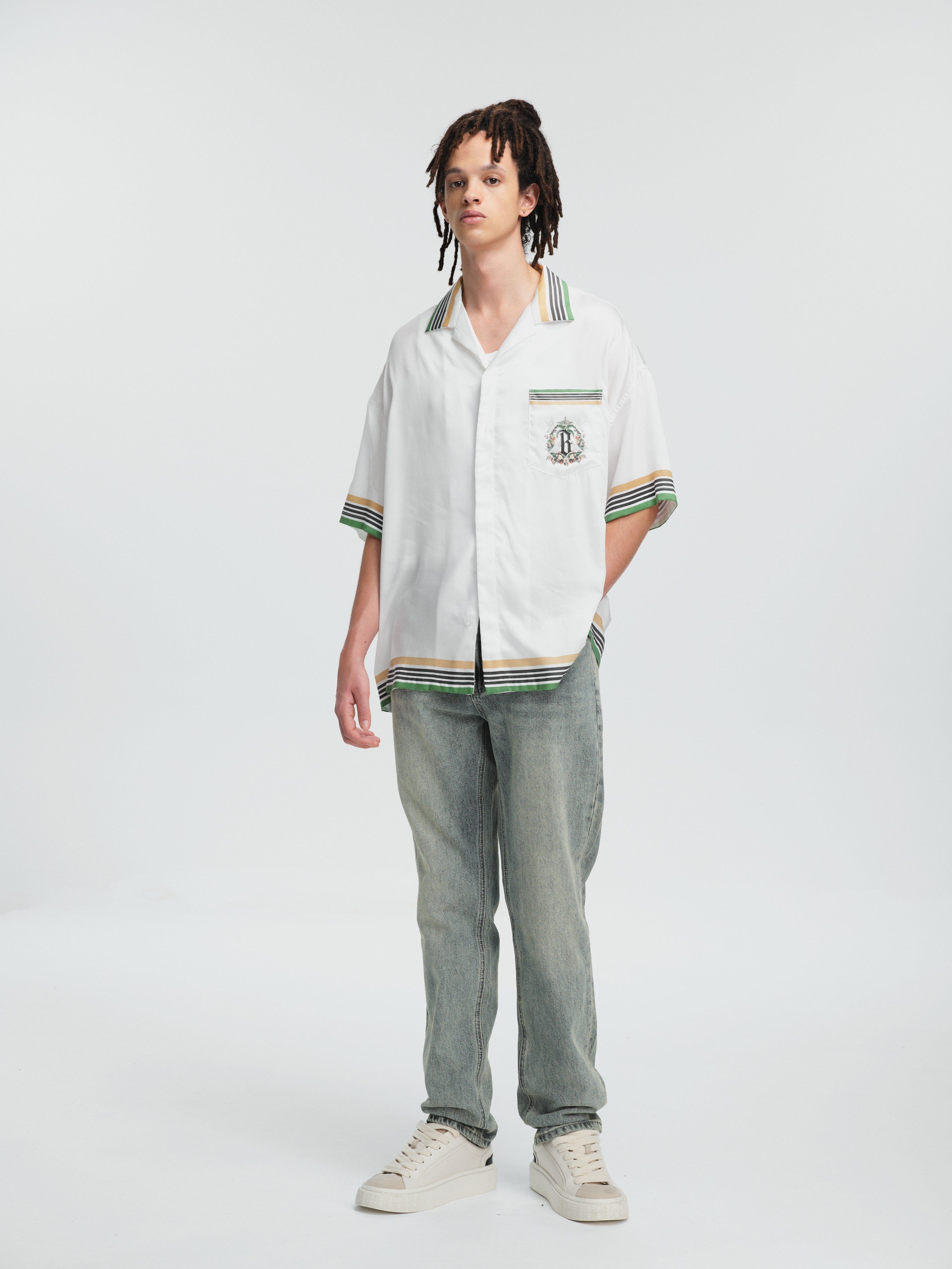 BONELESS Palm Tree & Dove Graphic Striped Collar Tencel Half Shirt, premium urban and streetwear designers apparel on PROJECTISR.com, BONELESS