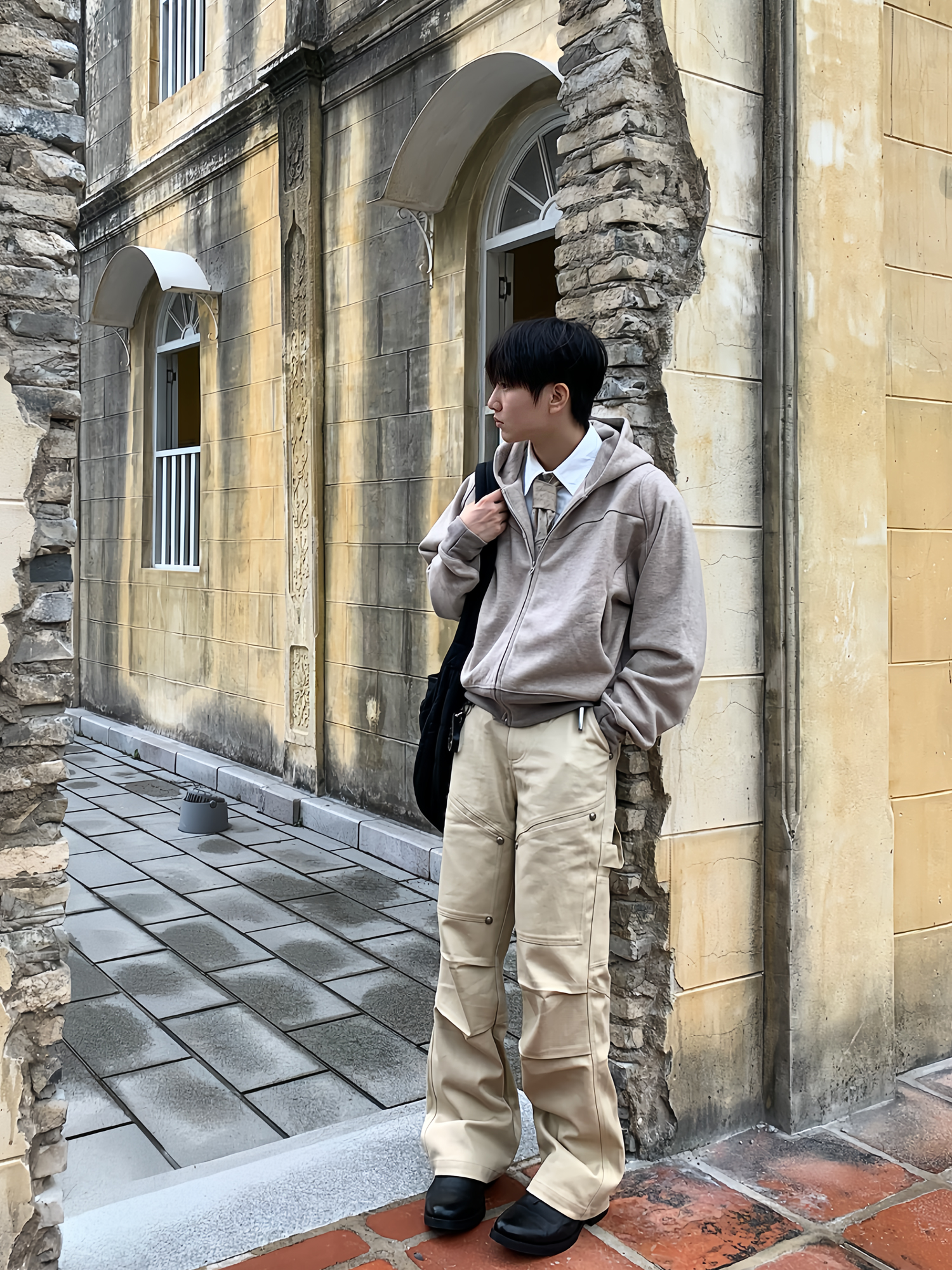 ESAIAS Wool Blend Panel Boxy Hooded Jacket