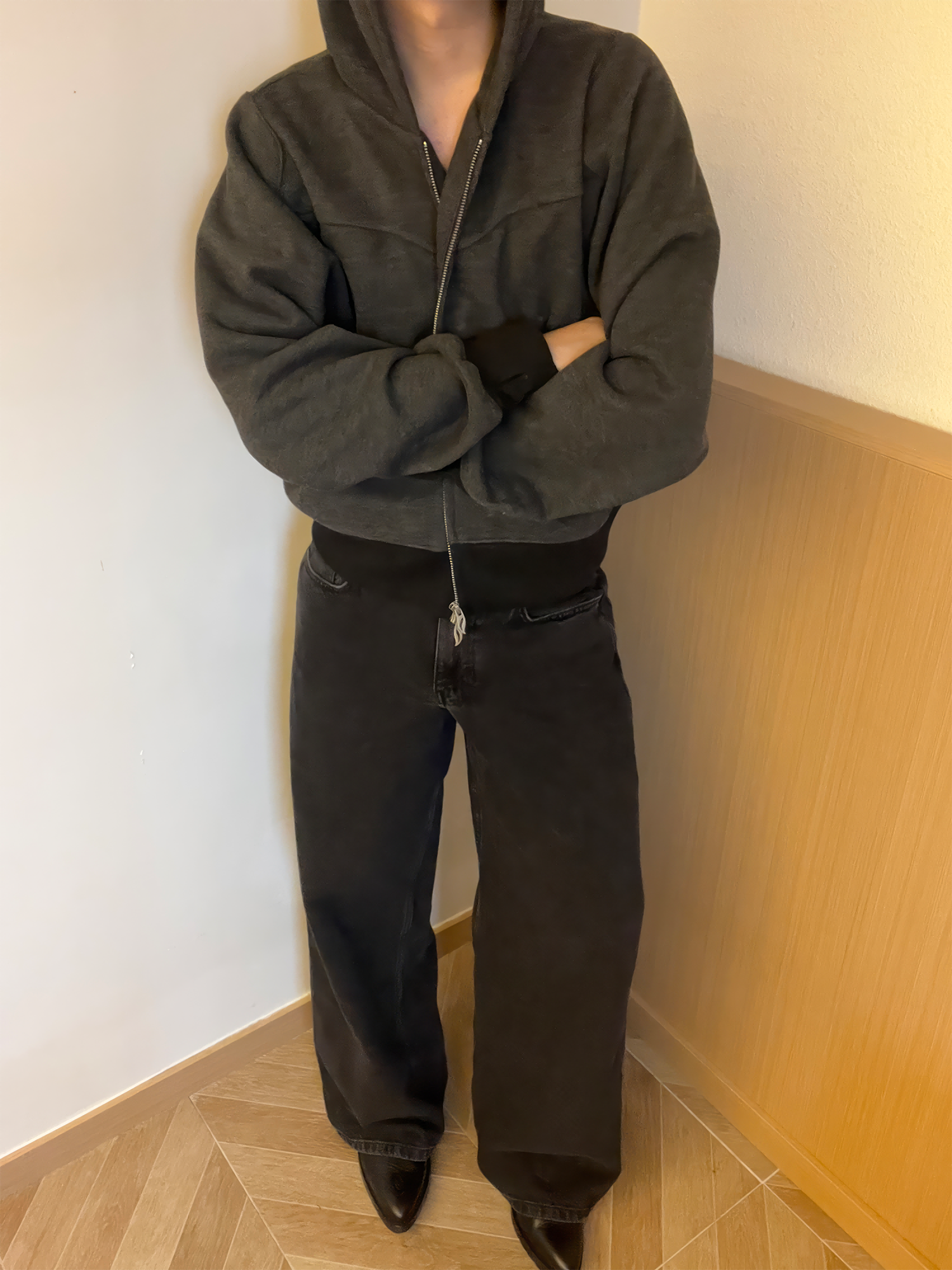 ESAIAS Wool Blend Panel Boxy Hooded Jacket