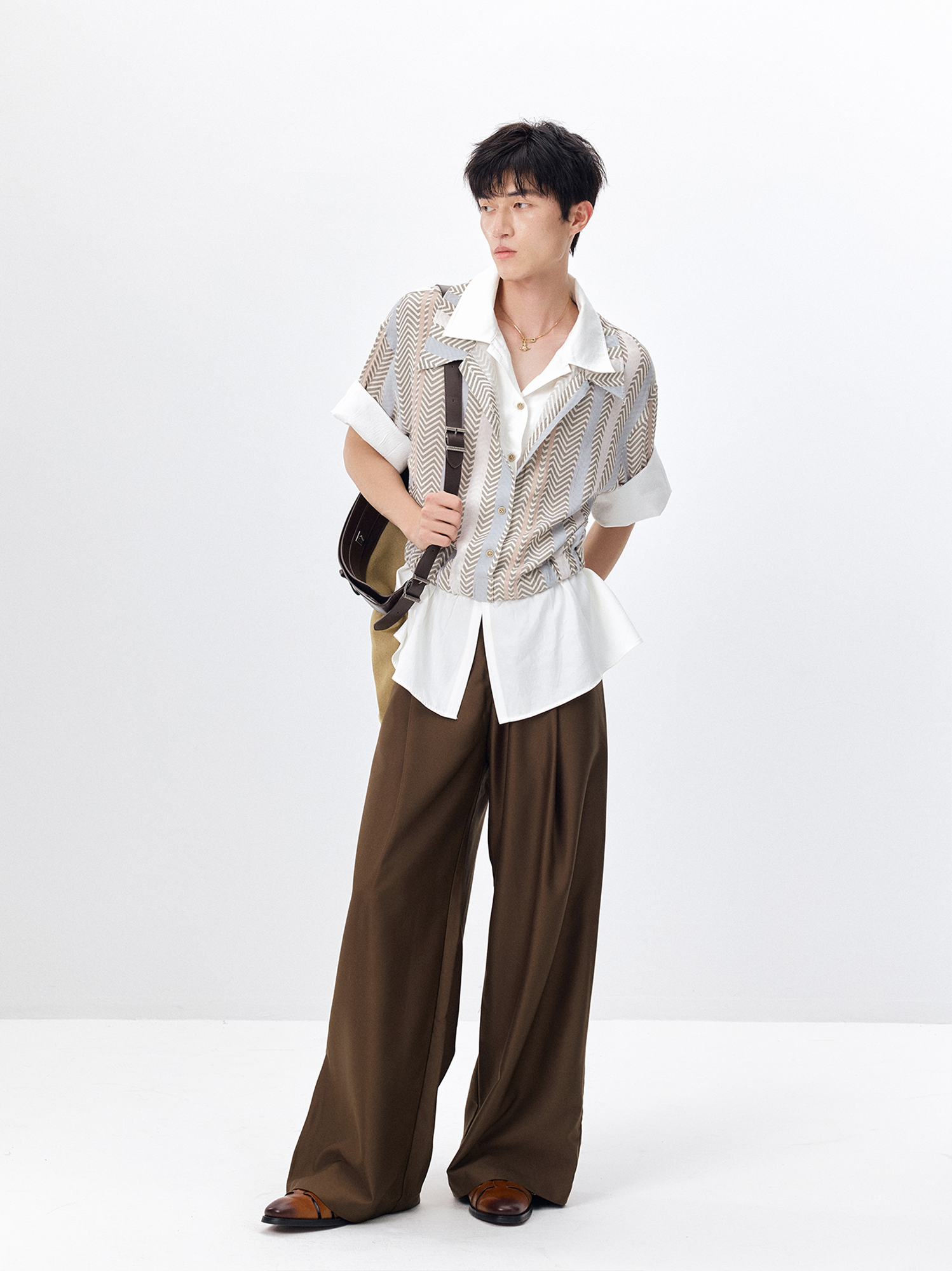 TUIMU Layered Camp Collar Striped Shirt