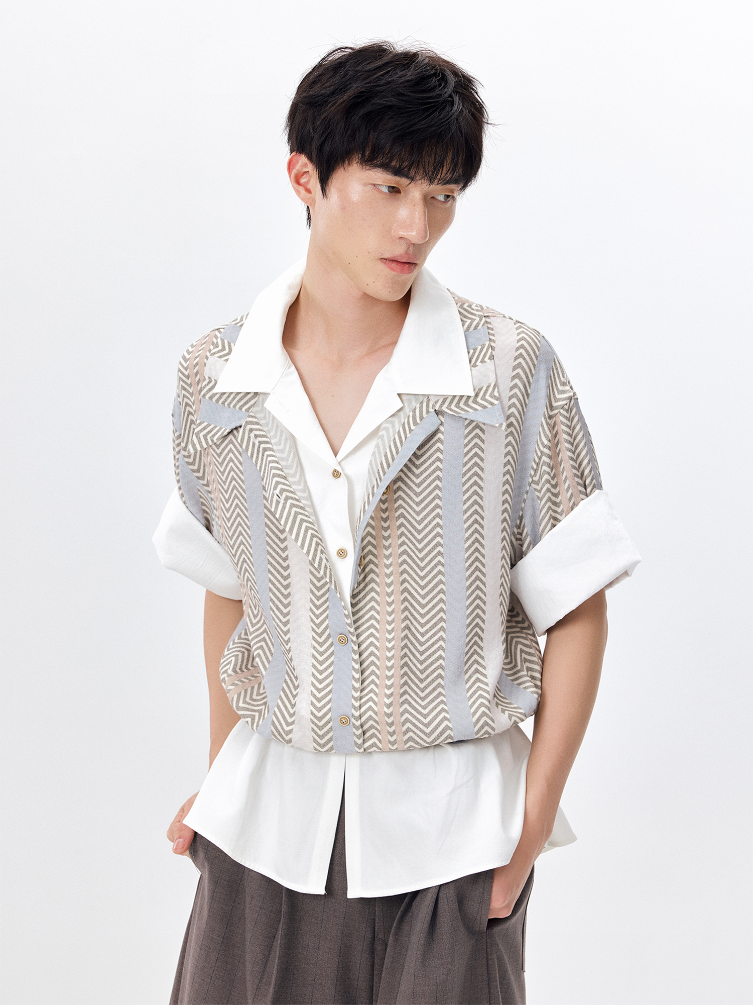 TUIMU Layered Camp Collar Striped Shirt