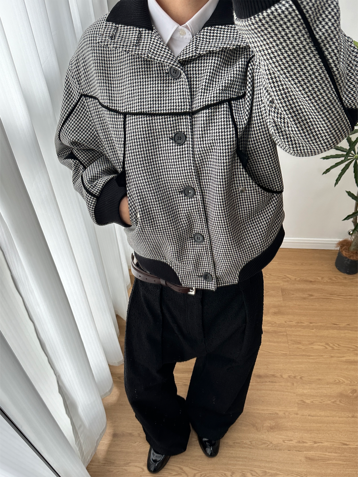 ESAIAS Houndstooth Panel Stand Collar Wool-Blend Jacket