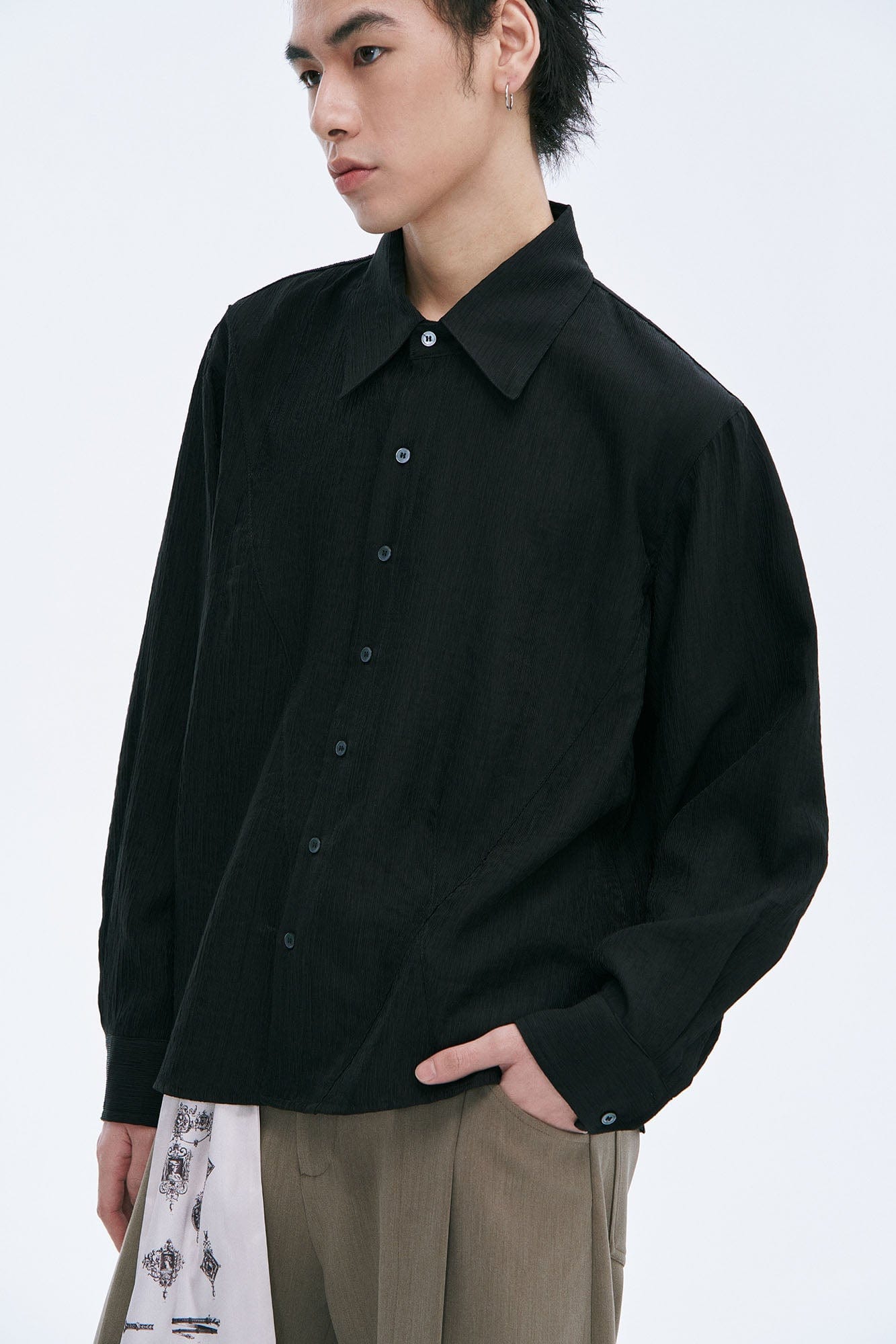CATSSTAC Crinkled Asymmetrical Paneled Shirt, premium urban and streetwear designers apparel on PROJECTISR.com, CATSSTAC