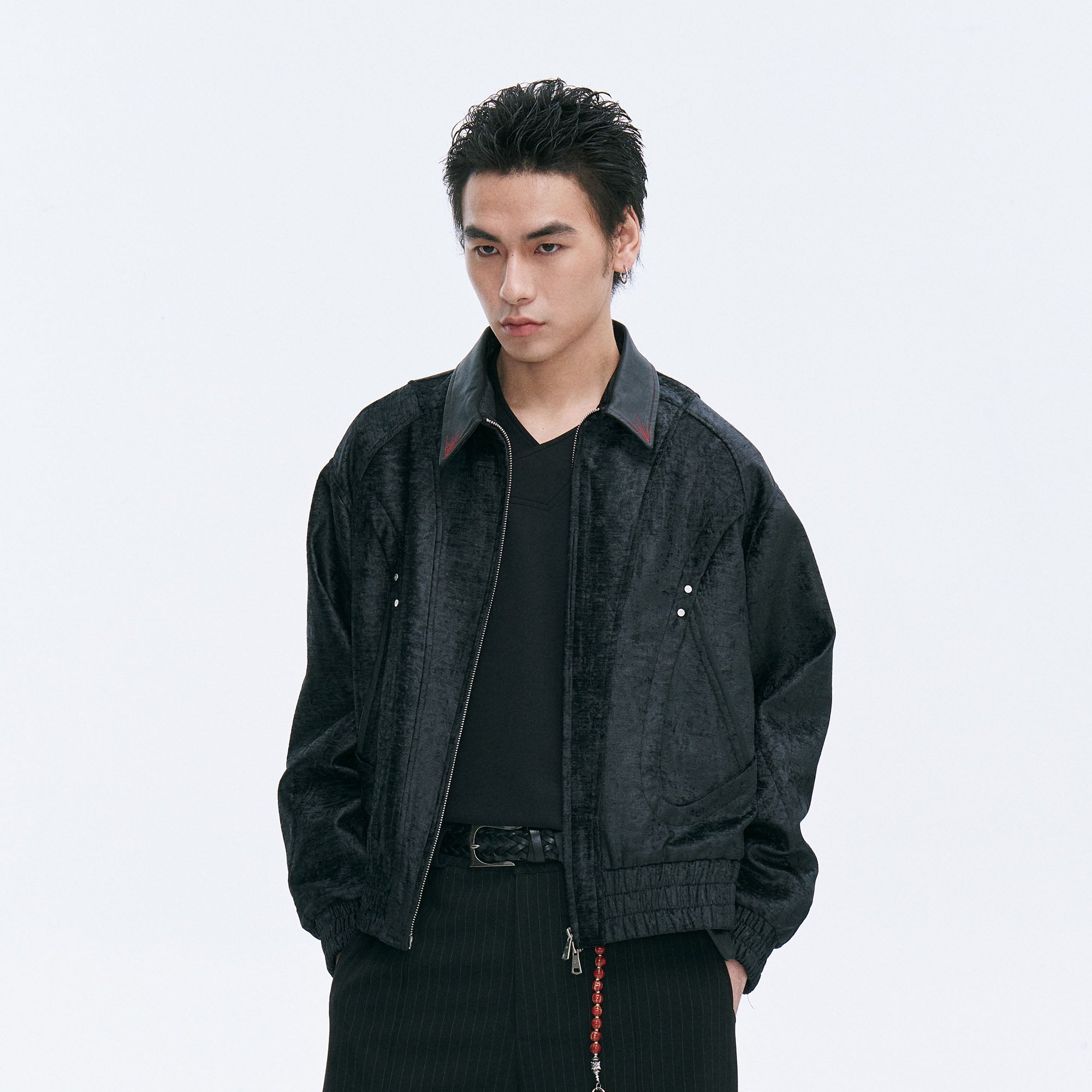 CATSSTAC Velvet Leather-Collar Elastic Jacket, premium urban and streetwear designers apparel on PROJECTISR.com, CATSSTAC
