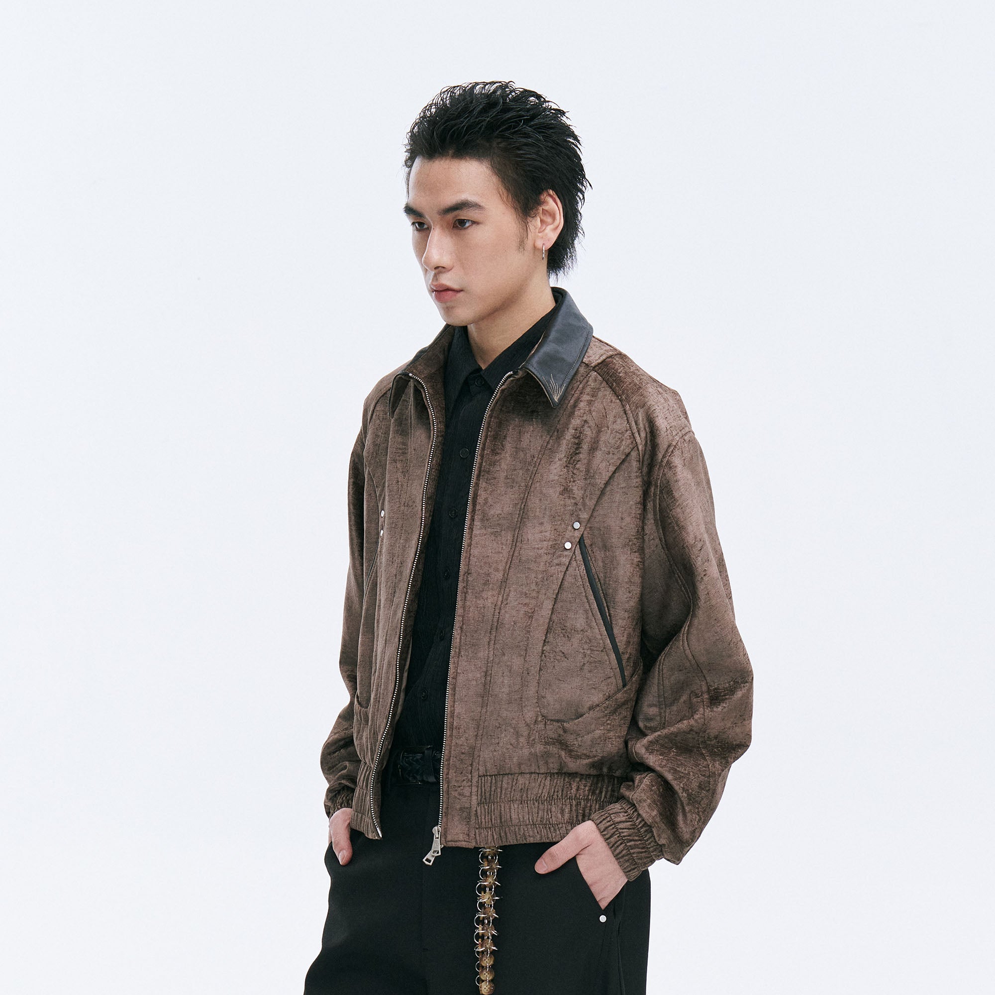 CATSSTAC Velvet Leather-Collar Elastic Jacket, premium urban and streetwear designers apparel on PROJECTISR.com, CATSSTAC